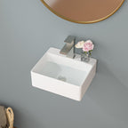 Sarlai Wall Mount Hung Small Vessel Sink - 13''x11'' Floating Vessel Sink Wall Mounted Small Bathroom Sinks Tiny Modern Rectangle Floating White Porcelain Ceramic Vanity Sink