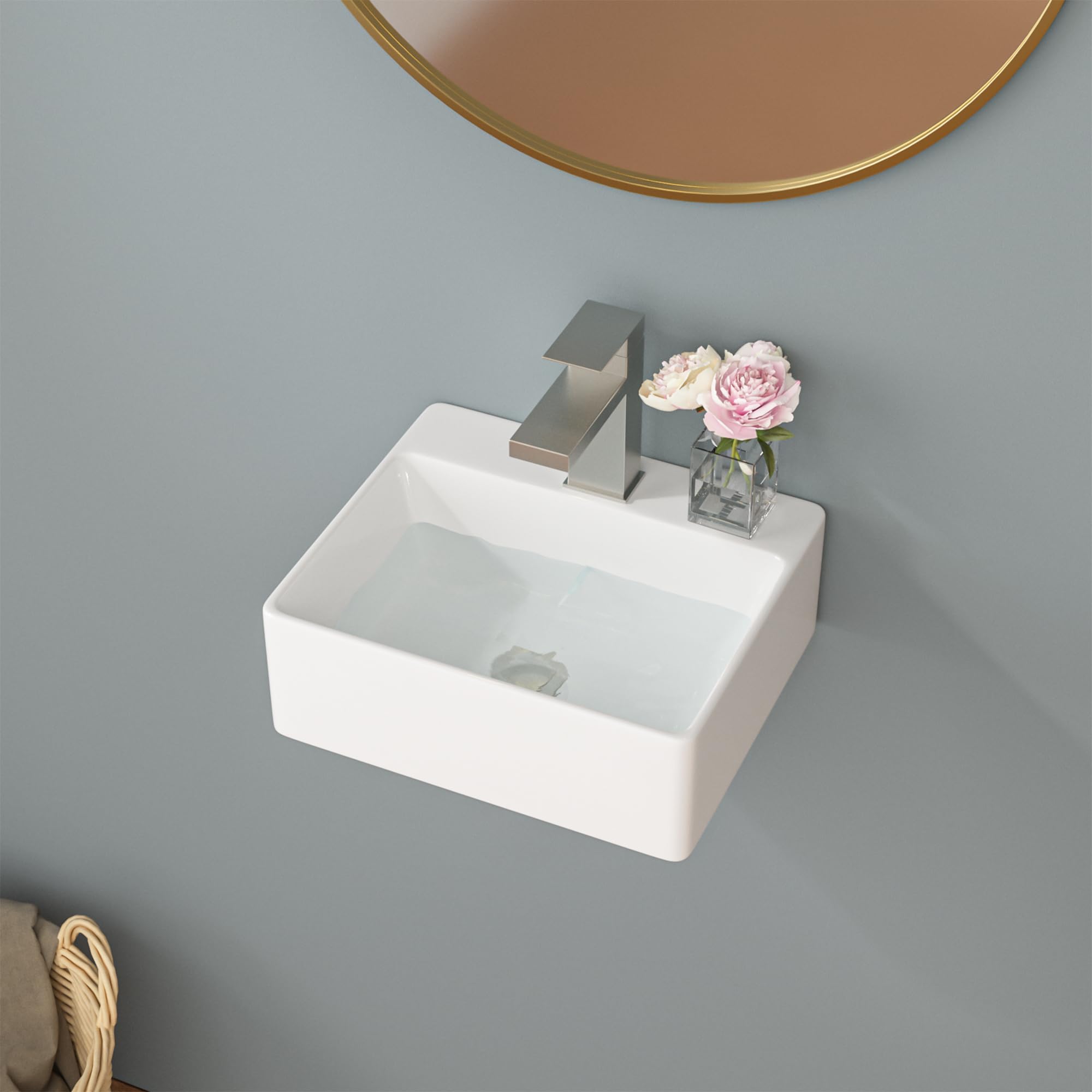 Sarlai Wall Mount Hung Small Vessel Sink - 13''x11'' Floating Vessel Sink Wall Mounted Small Bathroom Sinks Tiny Modern Rectangle Floating White Porcelain Ceramic Vanity Sink