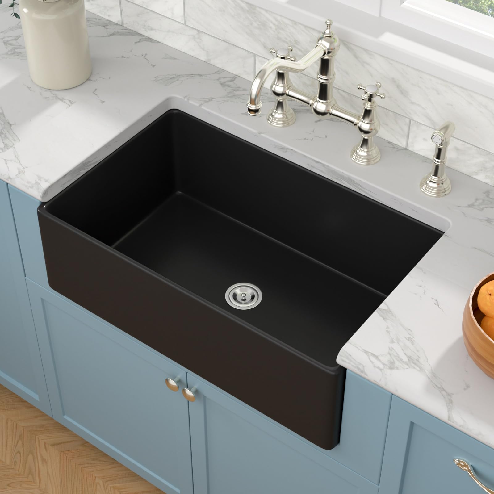 Sarlai 33'' Matte Black Fireclay Farmhouse Sink, Apron Front Single Bowl Ceramic Porcelain Kitchen Farmer Basin