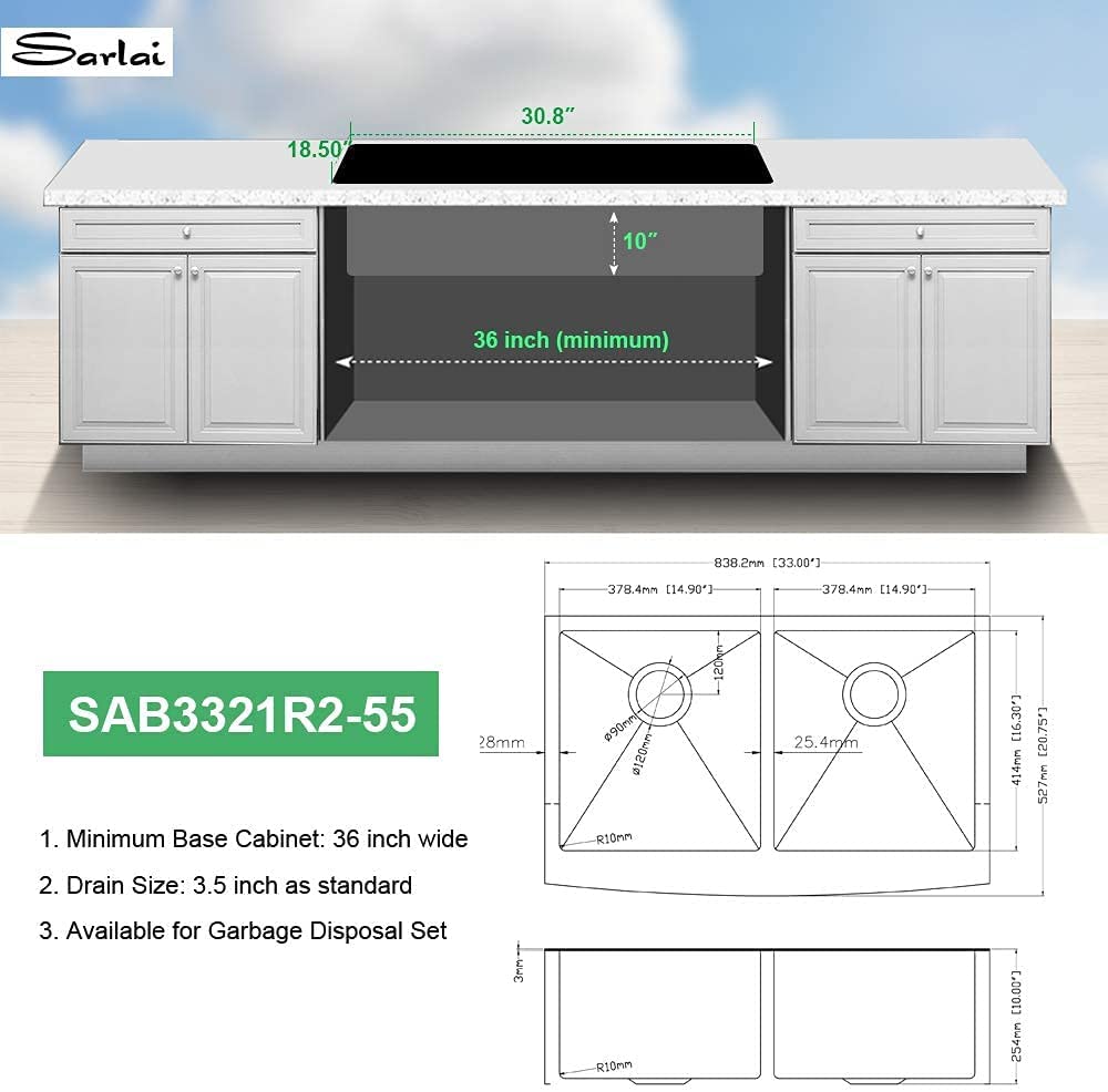 Sarlai Black Farmhouse Sink 33 Inch Double Bowl - 33x21 inch Kitchen Sink Gunmetal Black Double Basin 50/50 Apron Front 16 Gauge Stainless Steel Farm Sinks Basin