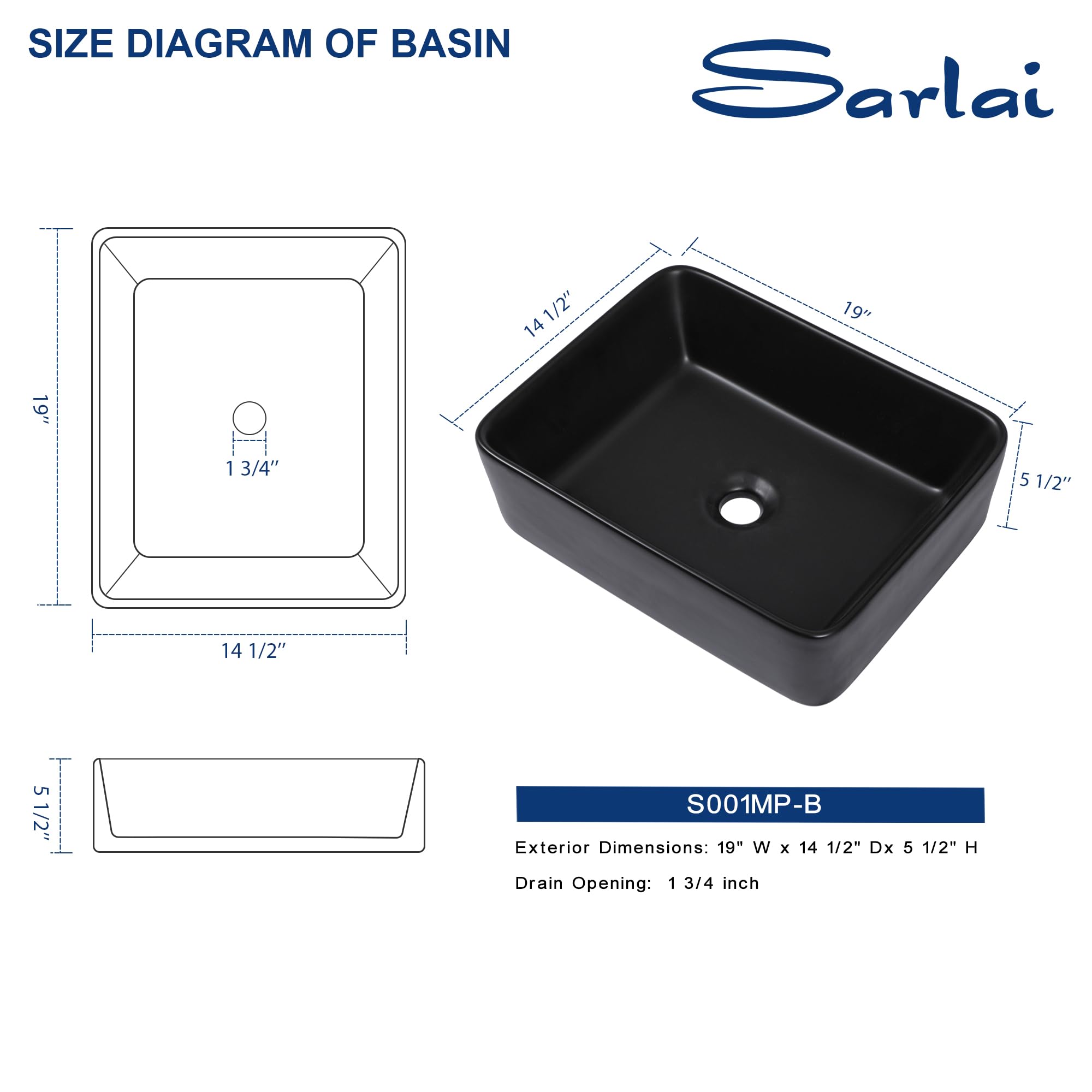 Sarlai 19''x15'' Above Counter Rectangular Black Porcelain Ceramic Bathroom Vessel Sink