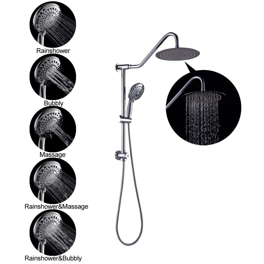 Sarlai 10'' Stainless Steel Round Wall Mounted Rainfall Shower Head with Handheld Shower