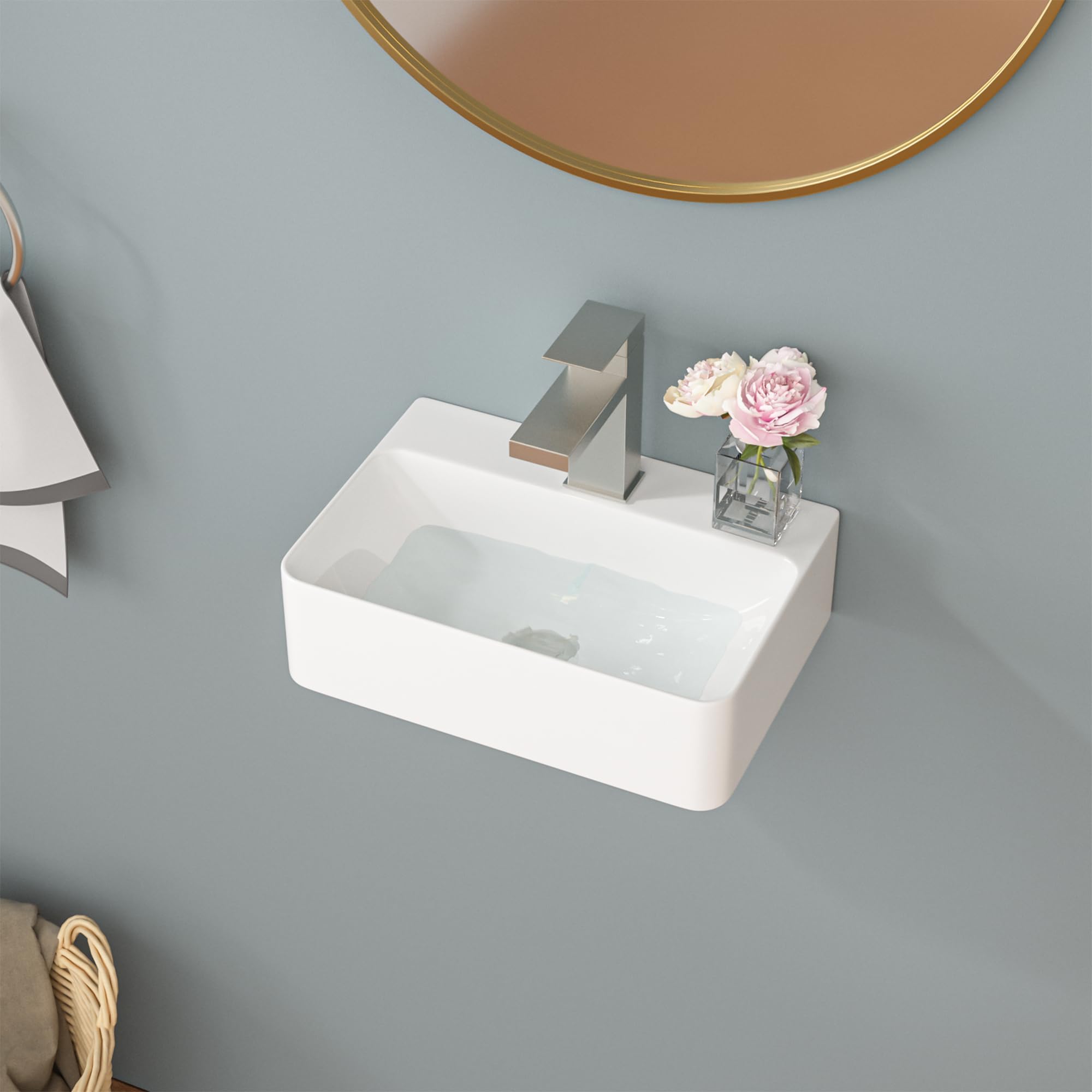 Sarlai 14in White Porcelain Ceramic Wall Mounted Floating Bathroom Sink Secondary image