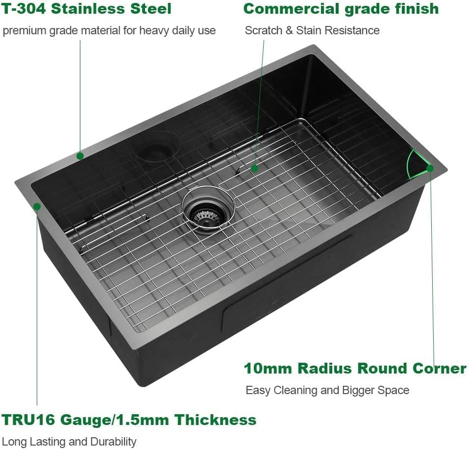 Sarlai 32'' x 19'' Gunmetal Black Stainless Steel Single Bowl Undermount Kitchen Sink