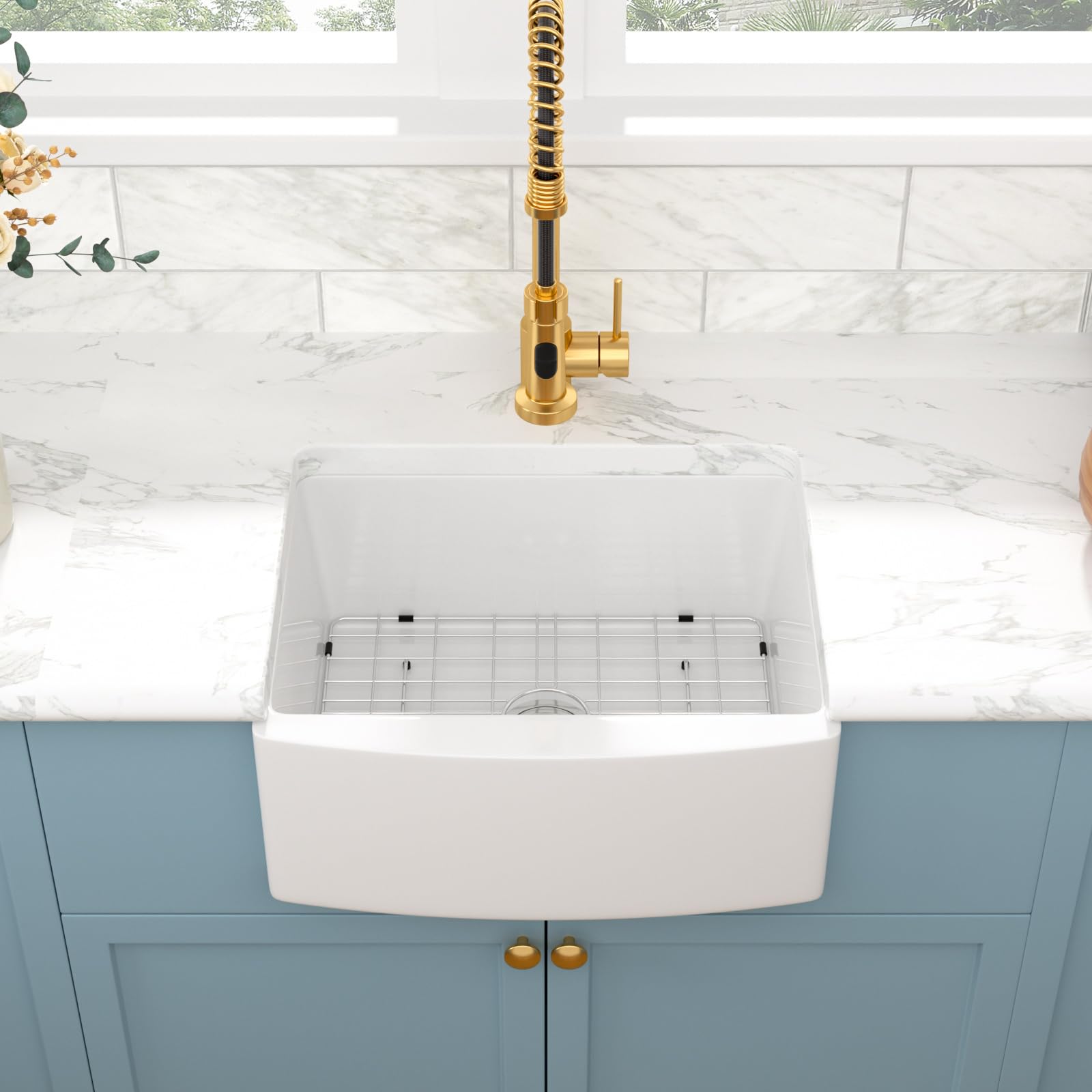 Sarlai 24'' White Apron Front Fireclay Farmhouse Sink, Single Bowl Ceramic Kitchen & Laundry Room Farm Basin