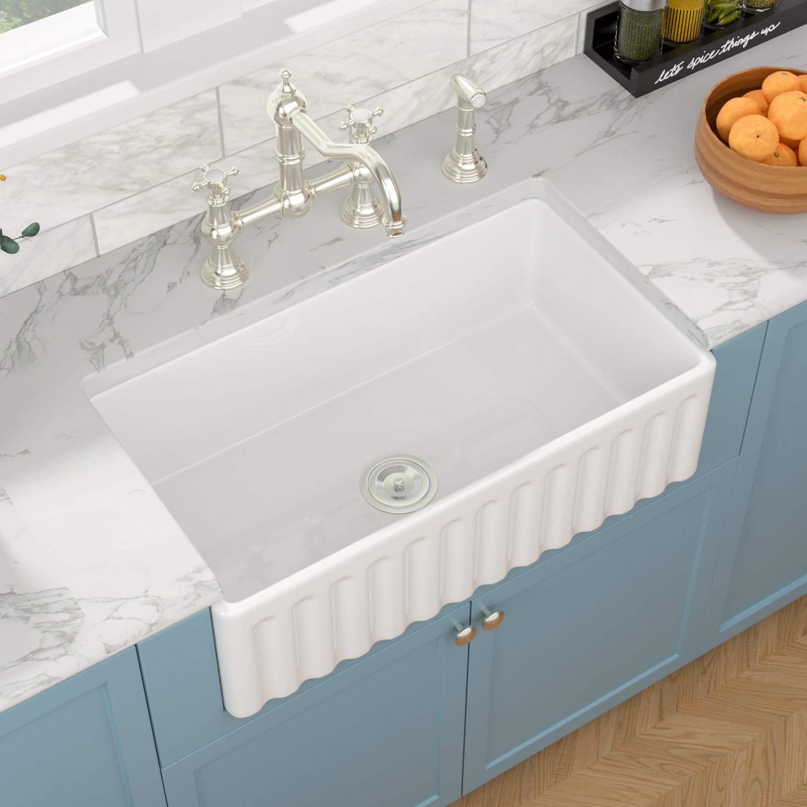 Sarlai 33''x18'' Reversible Apron Front White Fireclay Farmhouse Sink, Single Bowl Undermount Ceramic Kitchen Farmer Basin