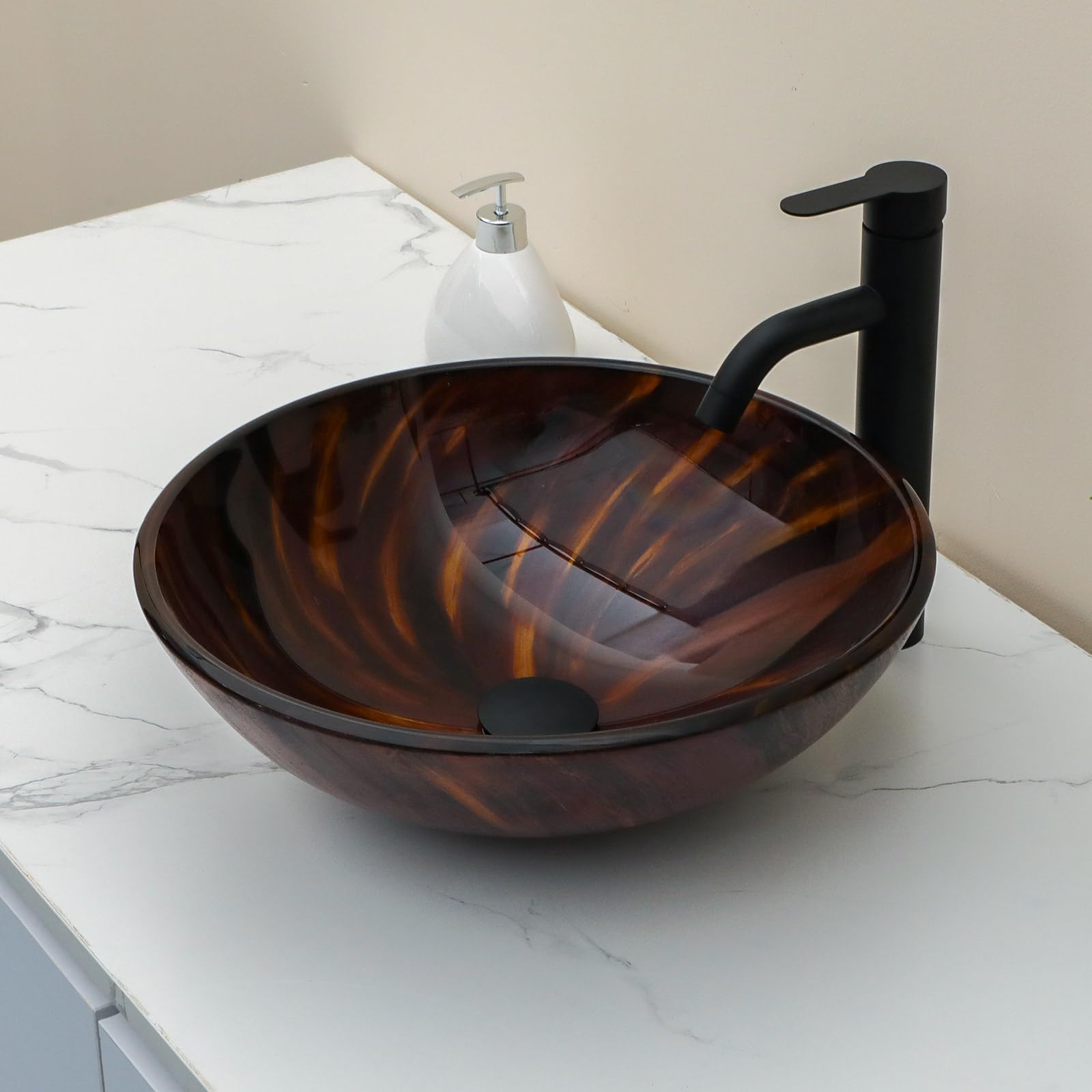 Sarlai 16.5''x16.5'' Brown Artistic Round Tempered Glass Bathroom Vessel Sink, Vanity Countertop Basin with Pop-up Drain Secondary image