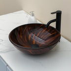 Sarlai 16.5''x16.5'' Brown Artistic Round Tempered Glass Bathroom Vessel Sink, Vanity Countertop Basin with Pop-up Drain