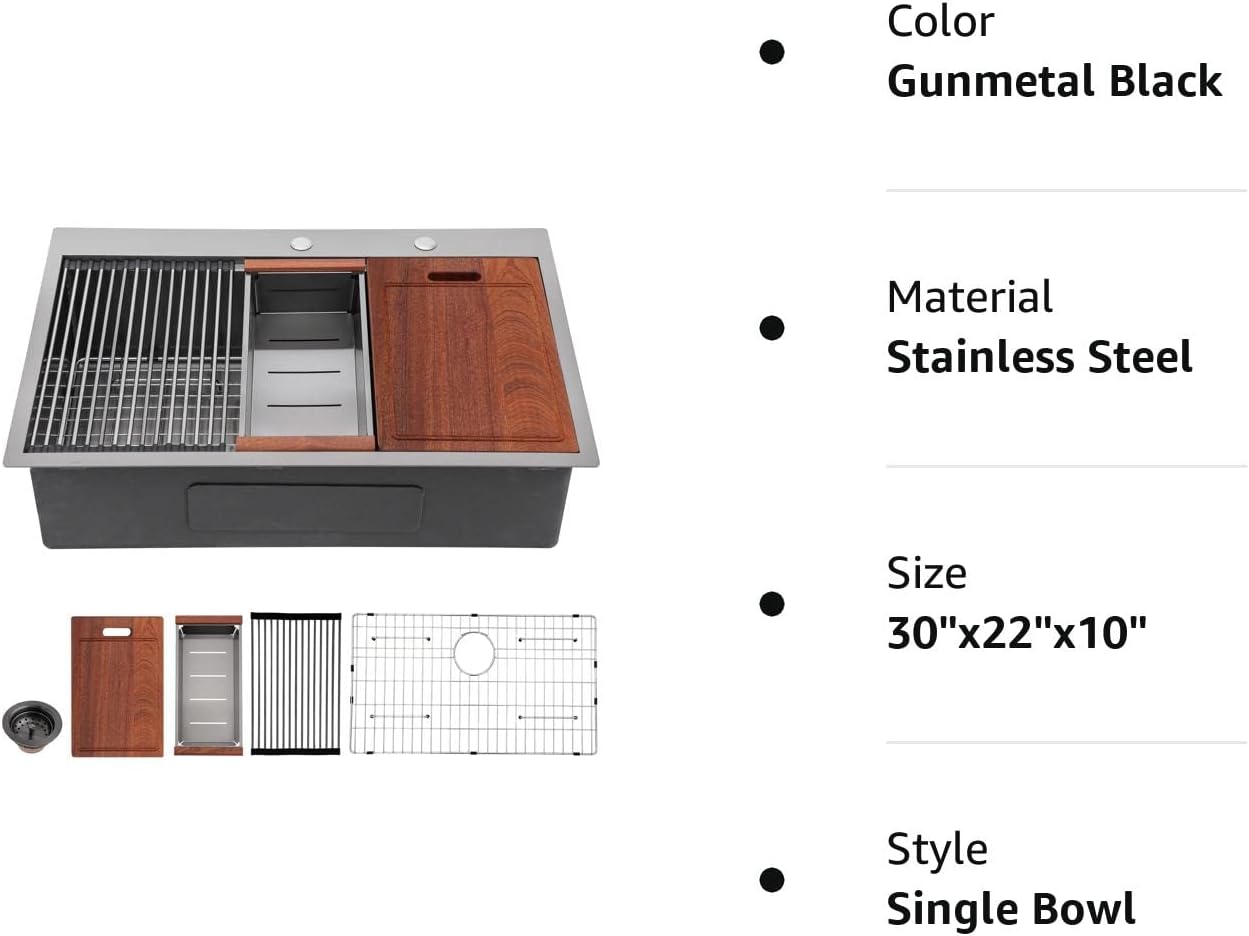 Sarlai 30in Topmount Gunmetal Black Stainless Steel Single Bowl Workstation Kitchen Sink