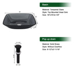Sarlai 16''x16'' Grey Rectangular Tempered Glass Bathroom Vessel Sink, Countertop Basin with Pop-up Drain Combo