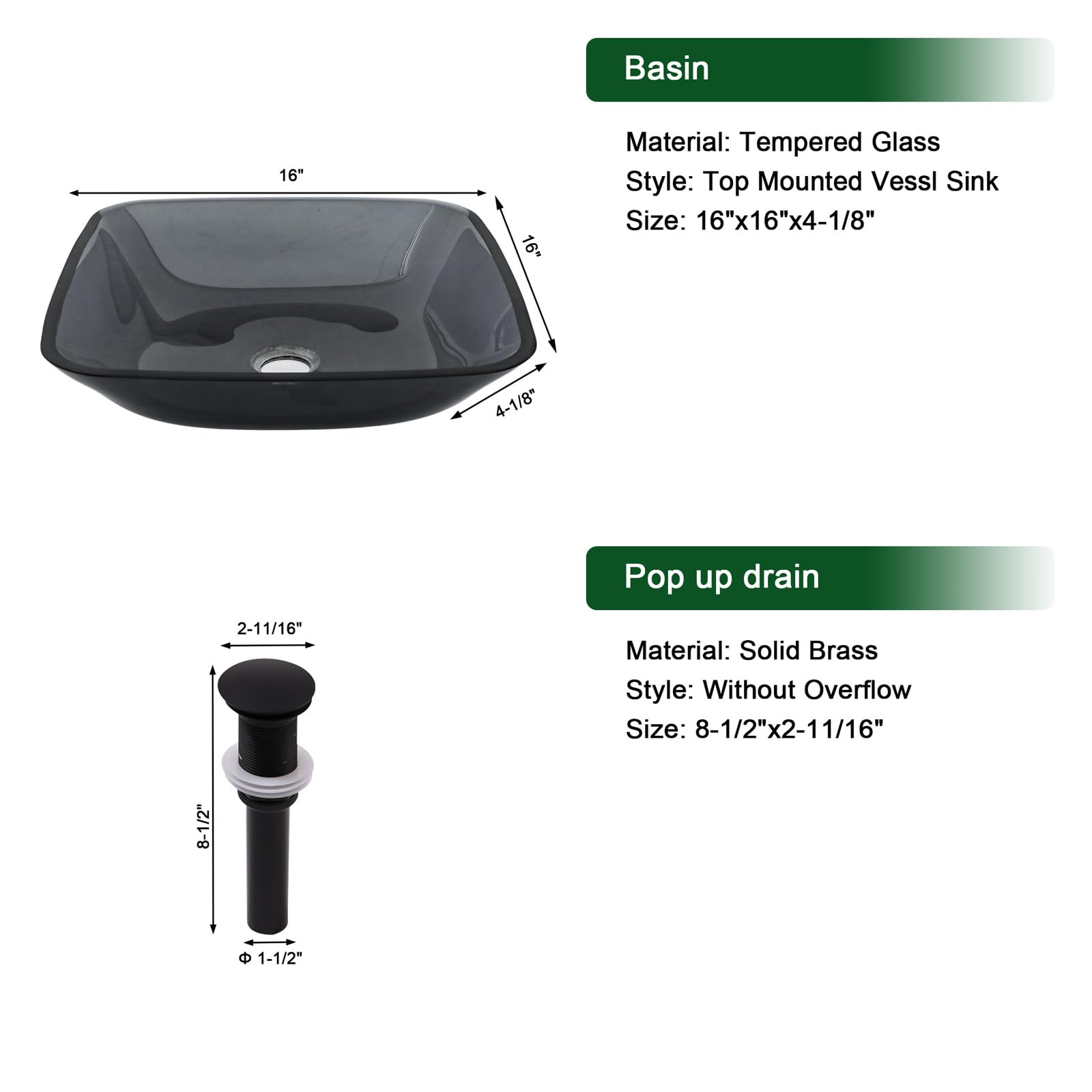 Sarlai 16''x16'' Grey Rectangular Tempered Glass Bathroom Vessel Sink, Countertop Basin with Pop-up Drain Combo