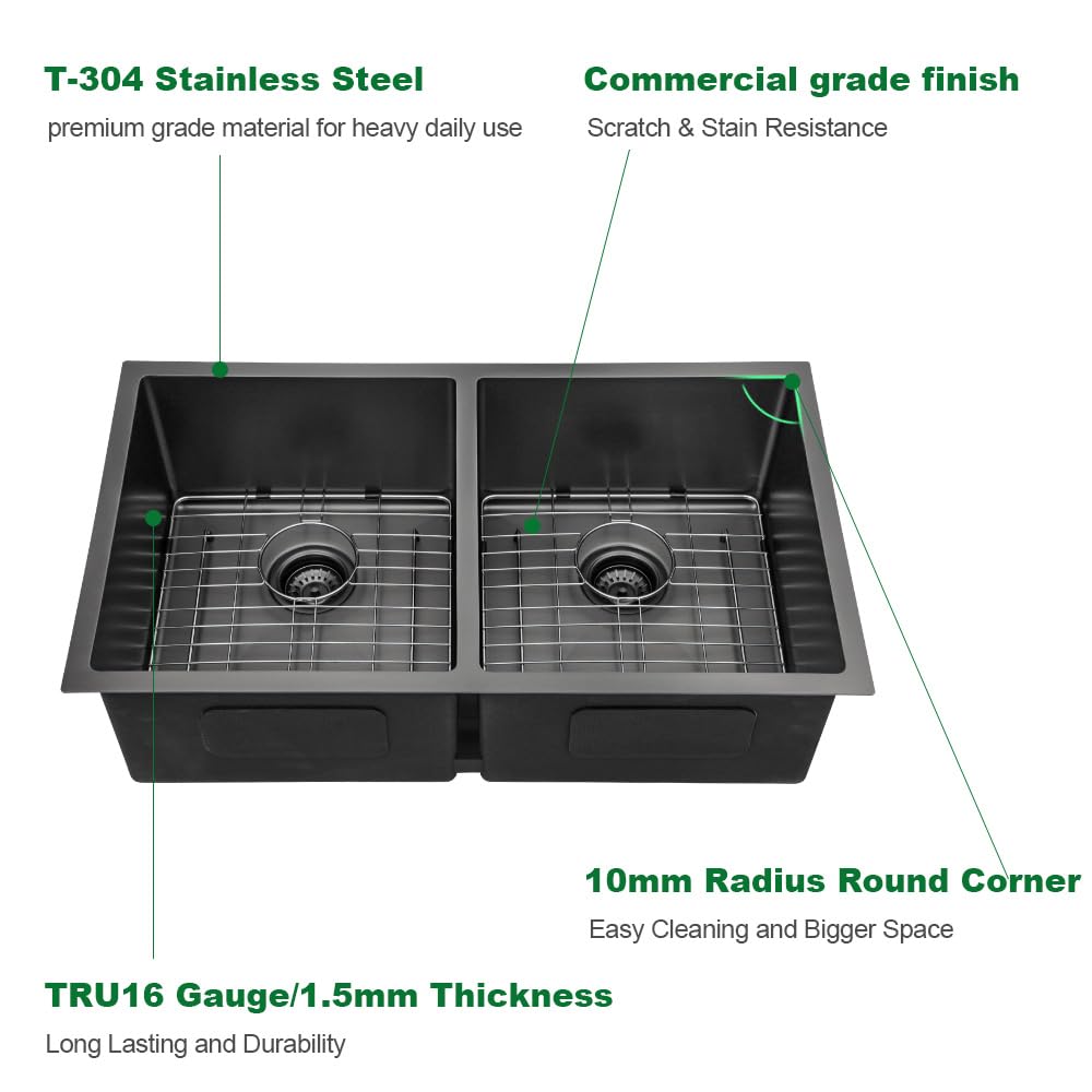 Sarlai 33 Inch Black Undermount 50/50 Double bowl Stainless Steel Kitchen Sink with Accessories