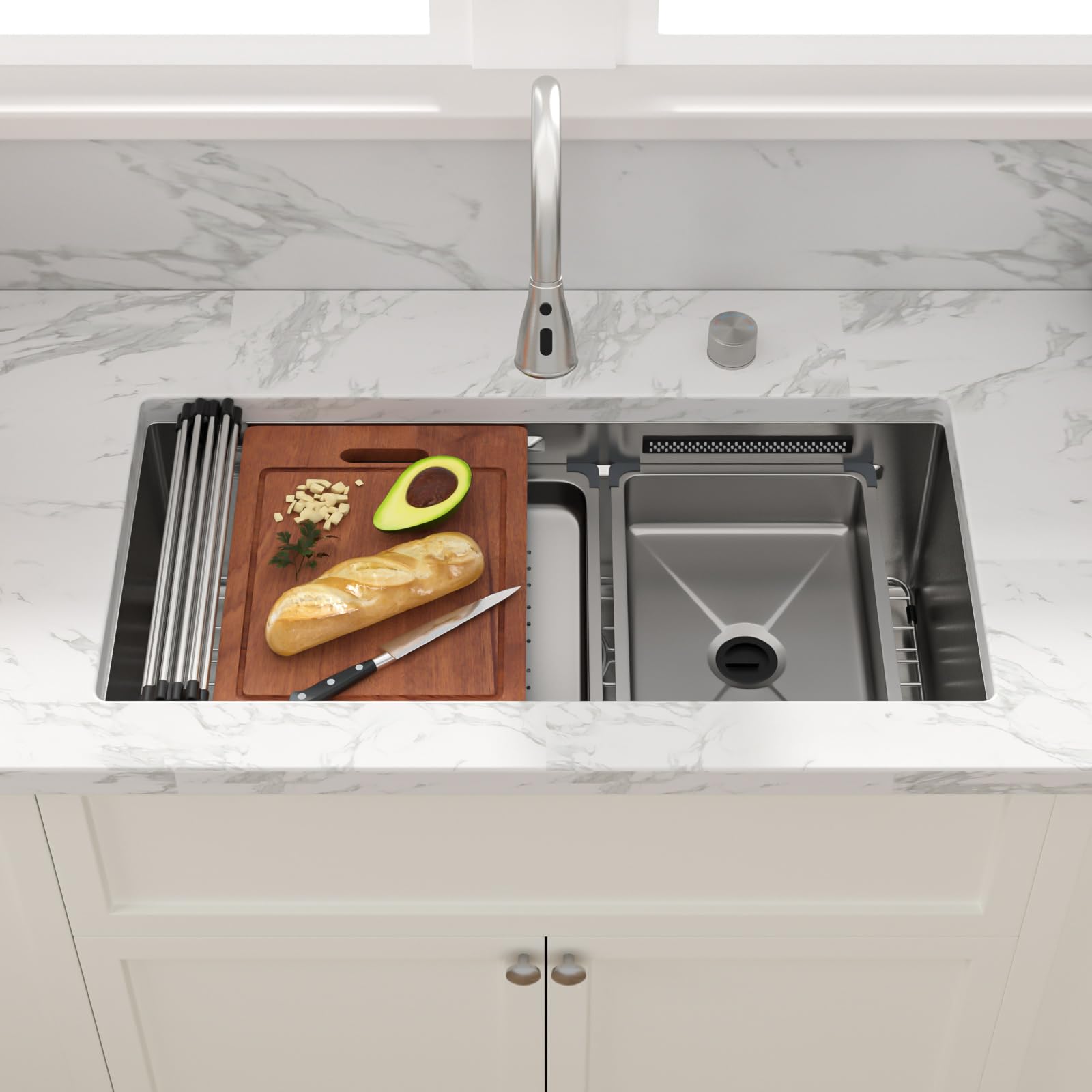 Sarlai 33'' Waterfall Undermount Workstation Kitchen Sink, 16 Gauge Stainless Steel Multifunction Single Bowl Basin with Matching Faucet Secondary image