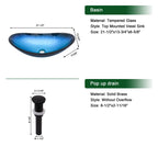 Sarlai 21''x14'' Blue Boat Shape Bathroom Vessel Sink, Modern Artistic Tempered Glass Countertop Basin with Black Faucet & Pop-up Drain