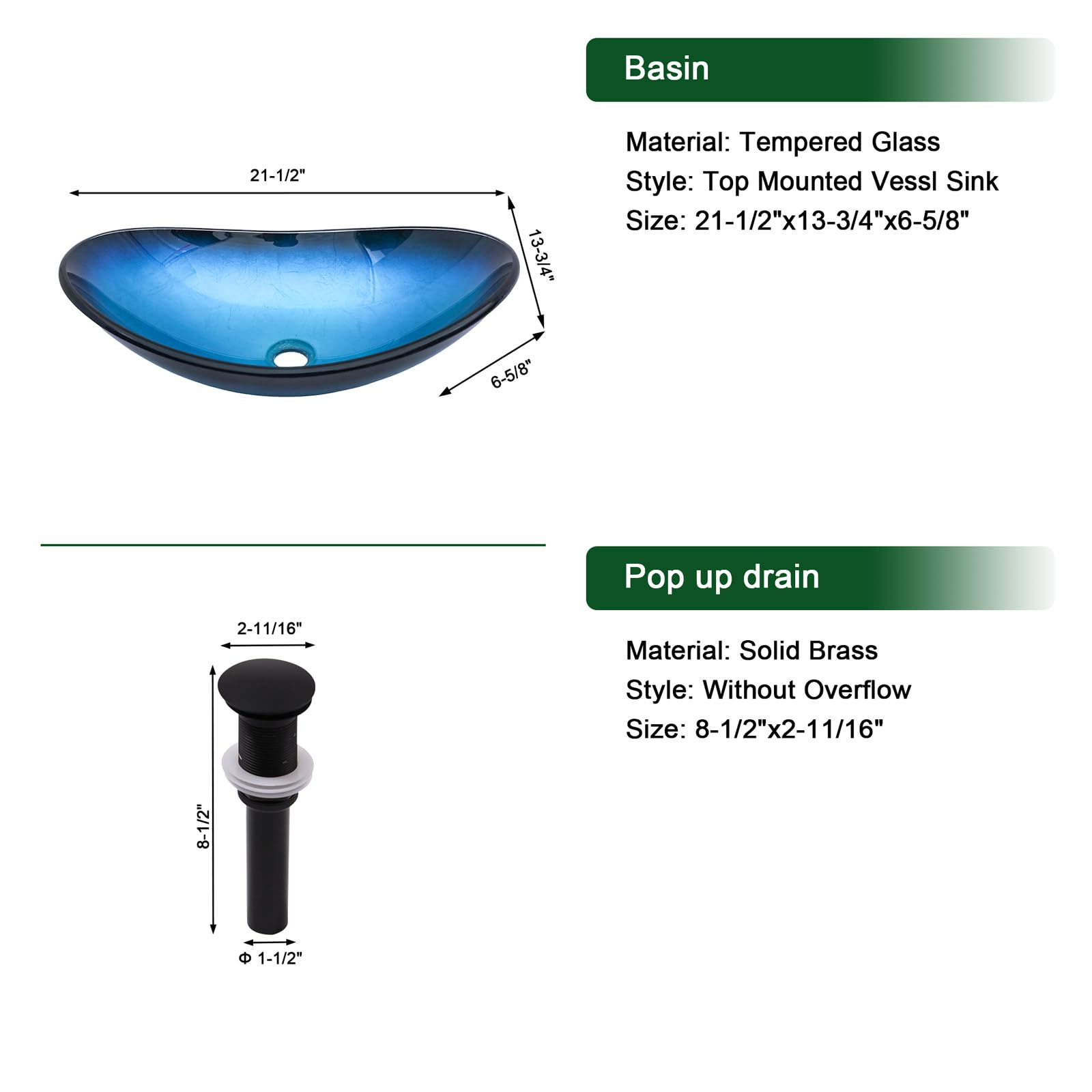 Sarlai 21''x14'' Blue Boat Shape Bathroom Vessel Sink, Modern Artistic Tempered Glass Countertop Basin with Black Faucet & Pop-up Drain