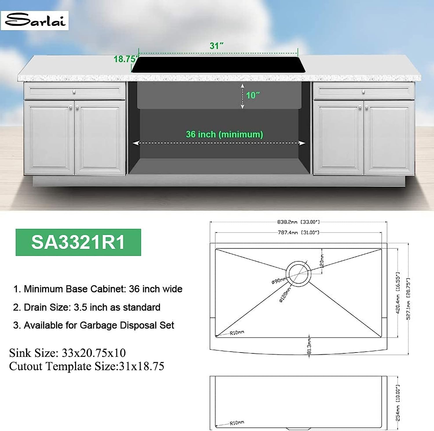 Sarlai 33'' x 21'' Stainless Steel Apron Front Single Bowl Farmhouse Sink