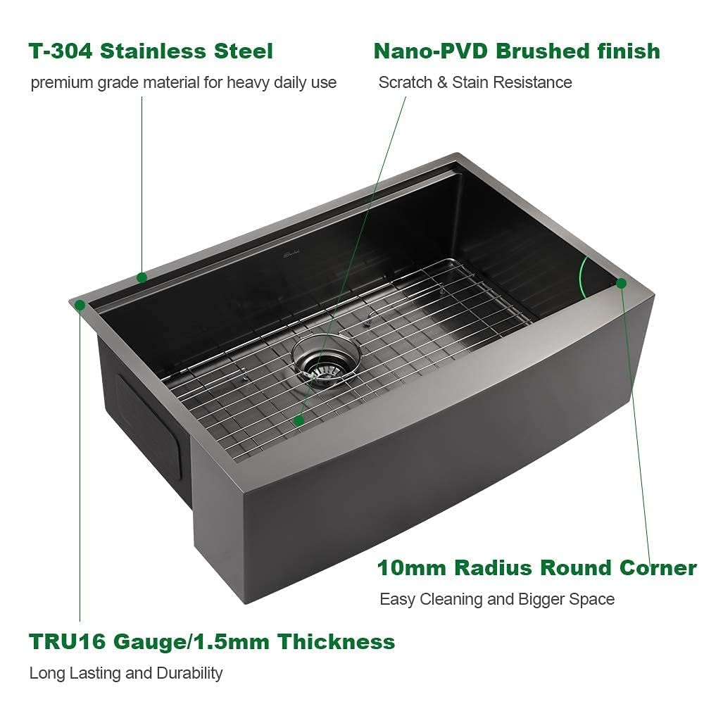 Sarlai 33'' Stainless Steel Single Bowl Black NANO PVD Workstation Farmhouse Sink