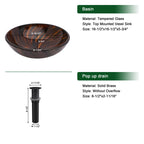 Sarlai 16.5''x16.5'' Brown Artistic Round Tempered Glass Bathroom Vessel Sink, Vanity Countertop Basin with Pop-up Drain