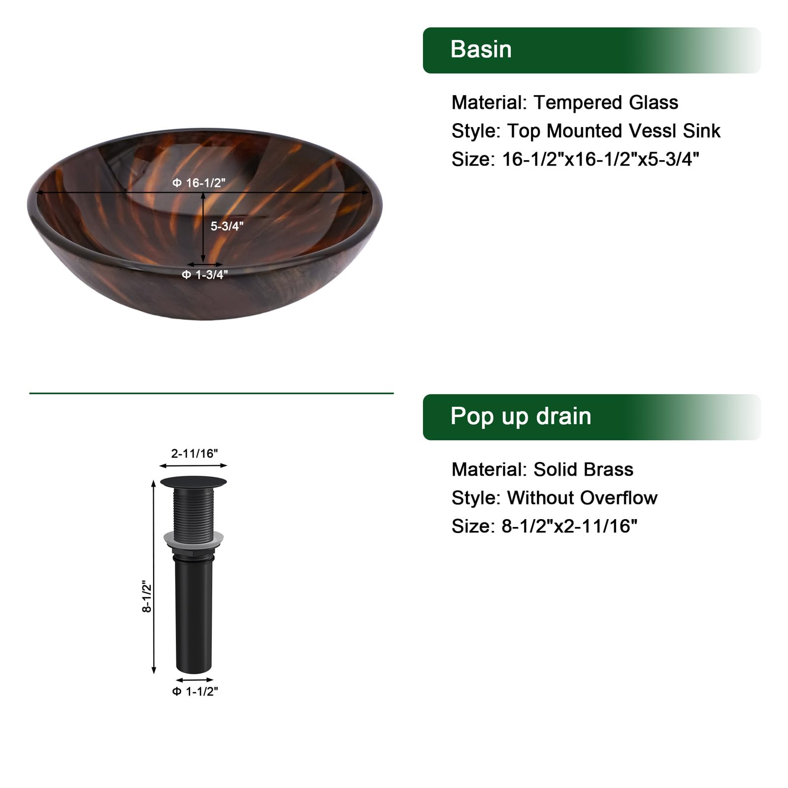 Sarlai 16.5''x16.5'' Brown Artistic Round Tempered Glass Bathroom Vessel Sink, Vanity Countertop Basin with Pop-up Drain