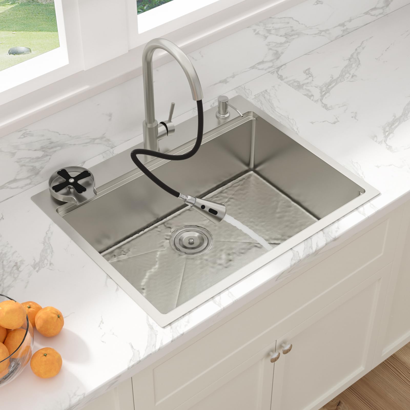 Sarlai 28''x22'' Drop-In Workstation Stainless Steel Kitchen Sink, 16 Gauge Topmount Single Bowl with Cup Rinser, Soap Dispenser & Faucet