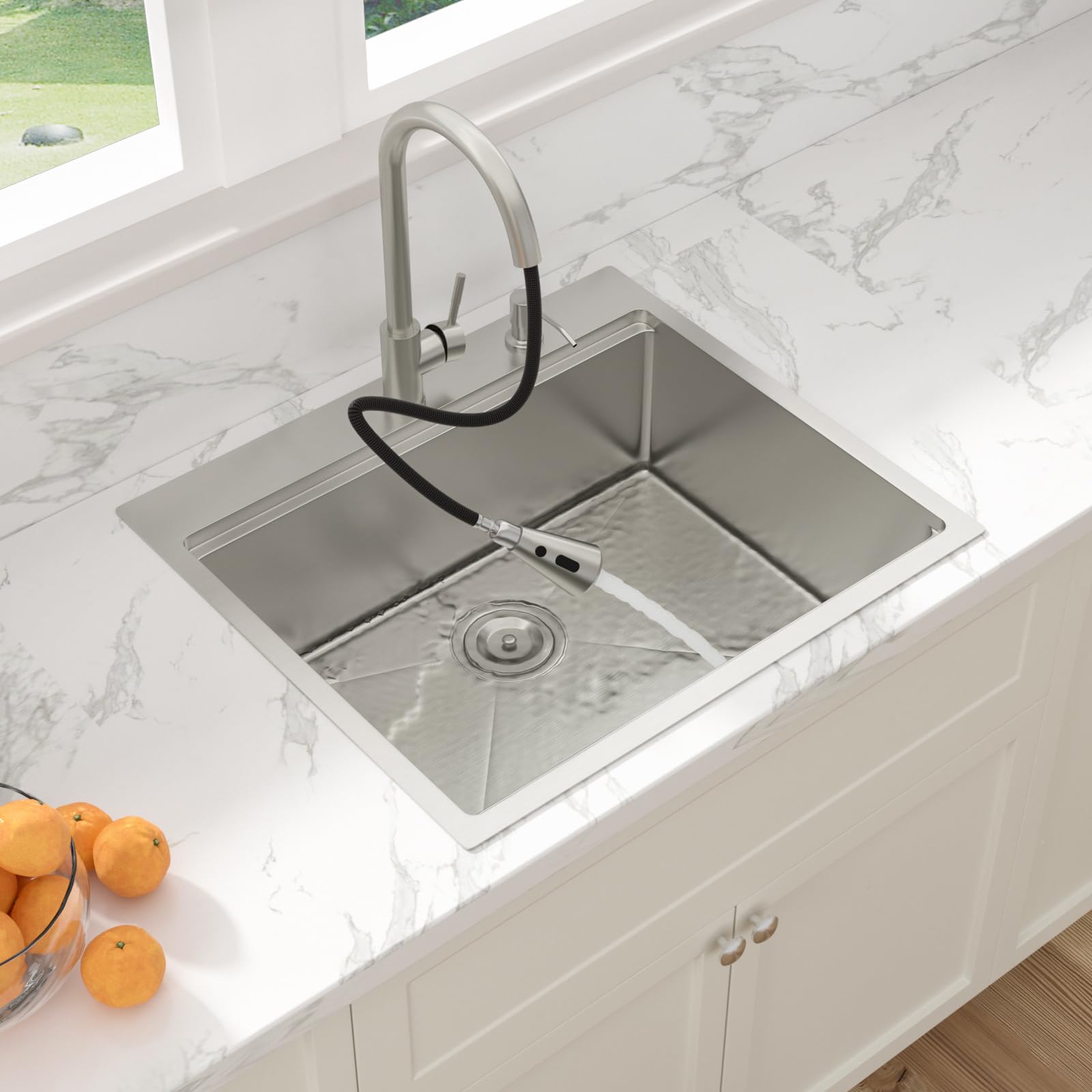 Sarlai 25''x22'' Drop-In Workstation Stainless Steel Kitchen Sink, 16 Gauge Topmount Single Bowl with Soap Dispenser & Faucet