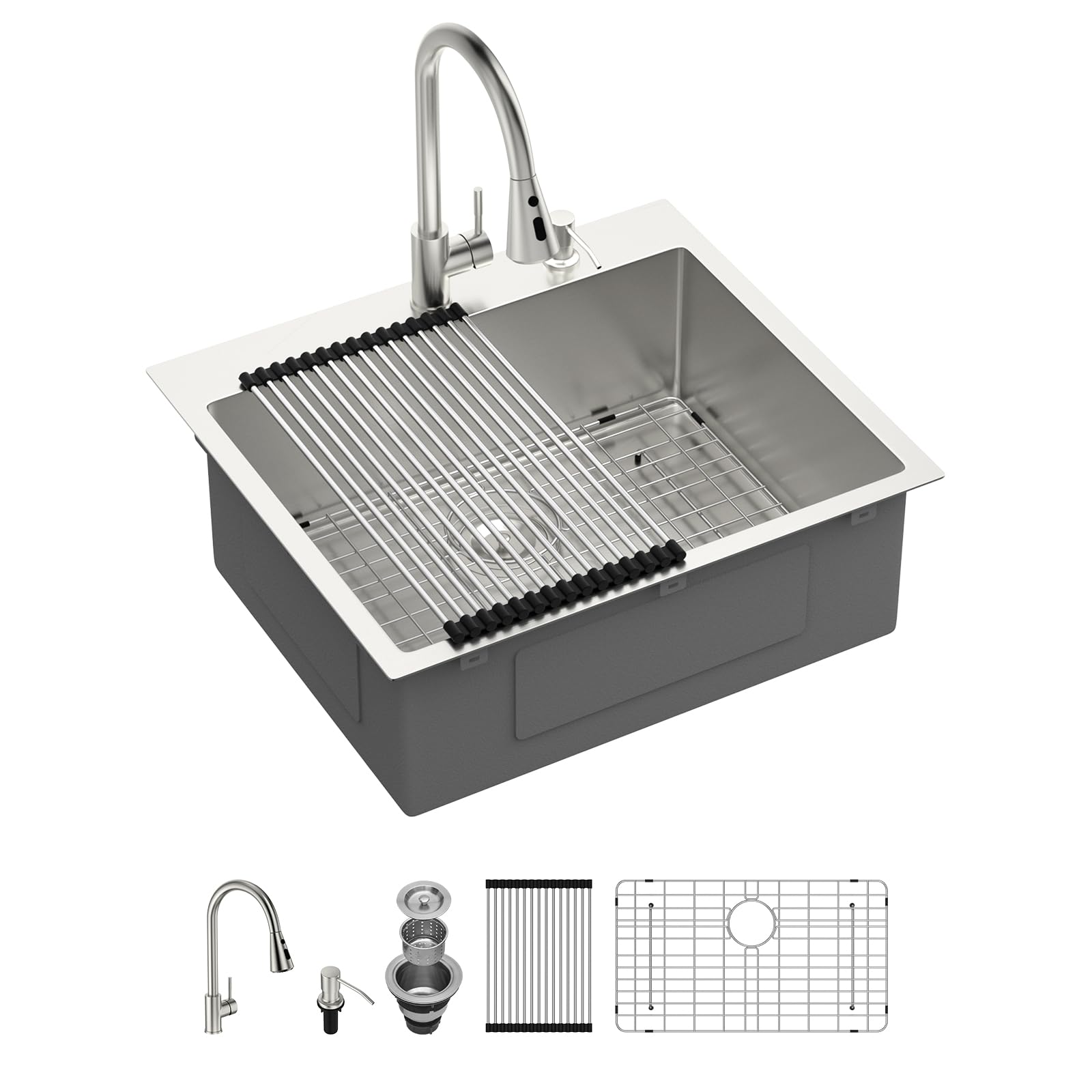 Sarlai 25''x22'' Deep Drop-In Stainless Steel Kitchen Sink, 16 Gauge Topmount Single Bowl with Cup Rinser, Soap Dispenser & Faucet Main image