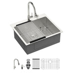 Sarlai 25''x22'' Deep Drop-In Stainless Steel Kitchen Sink, 16 Gauge Topmount Single Bowl with Cup Rinser, Soap Dispenser & Faucet