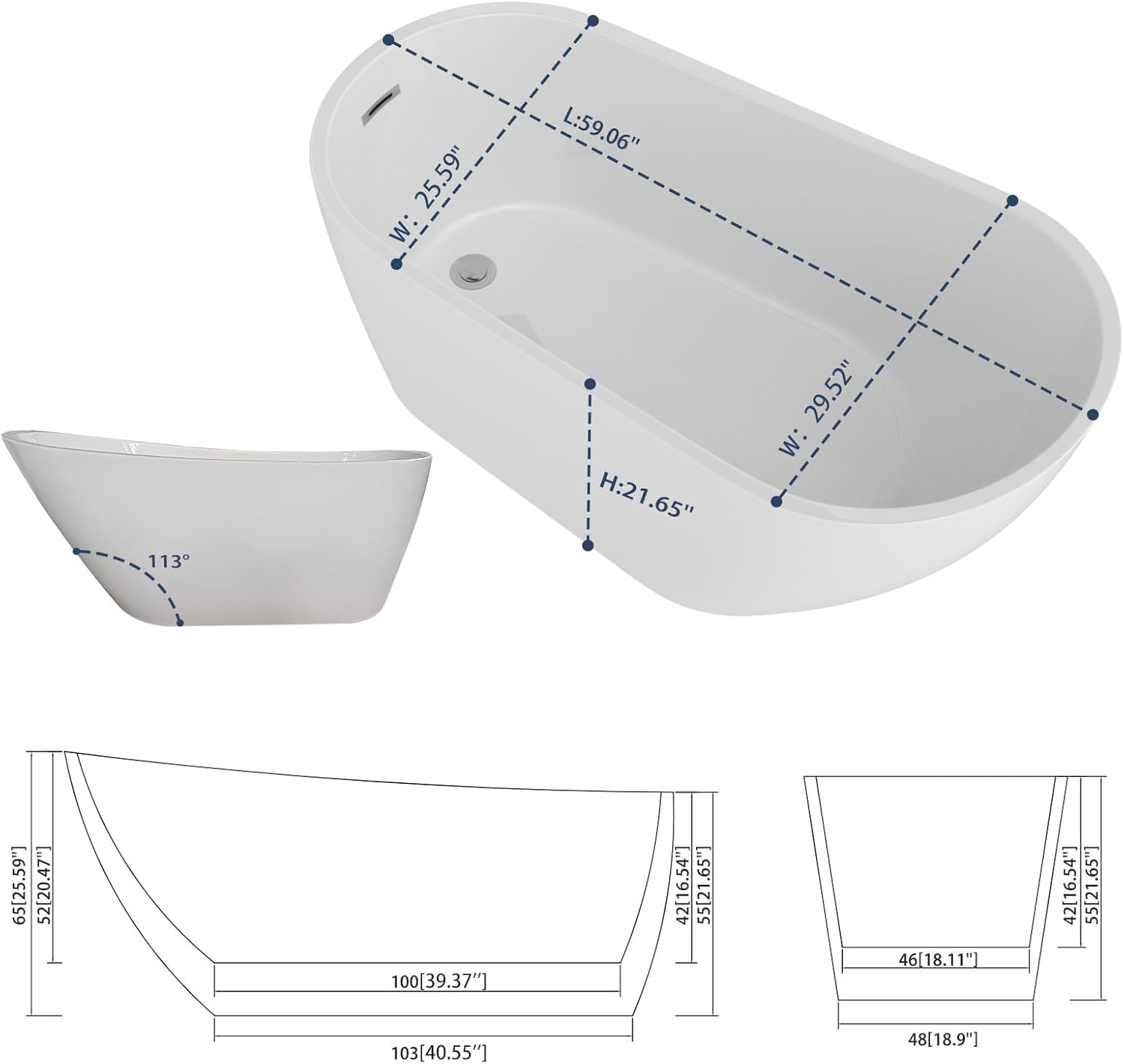 Sarlai Modern High-Back White Acrylic Freestanding Bathtub