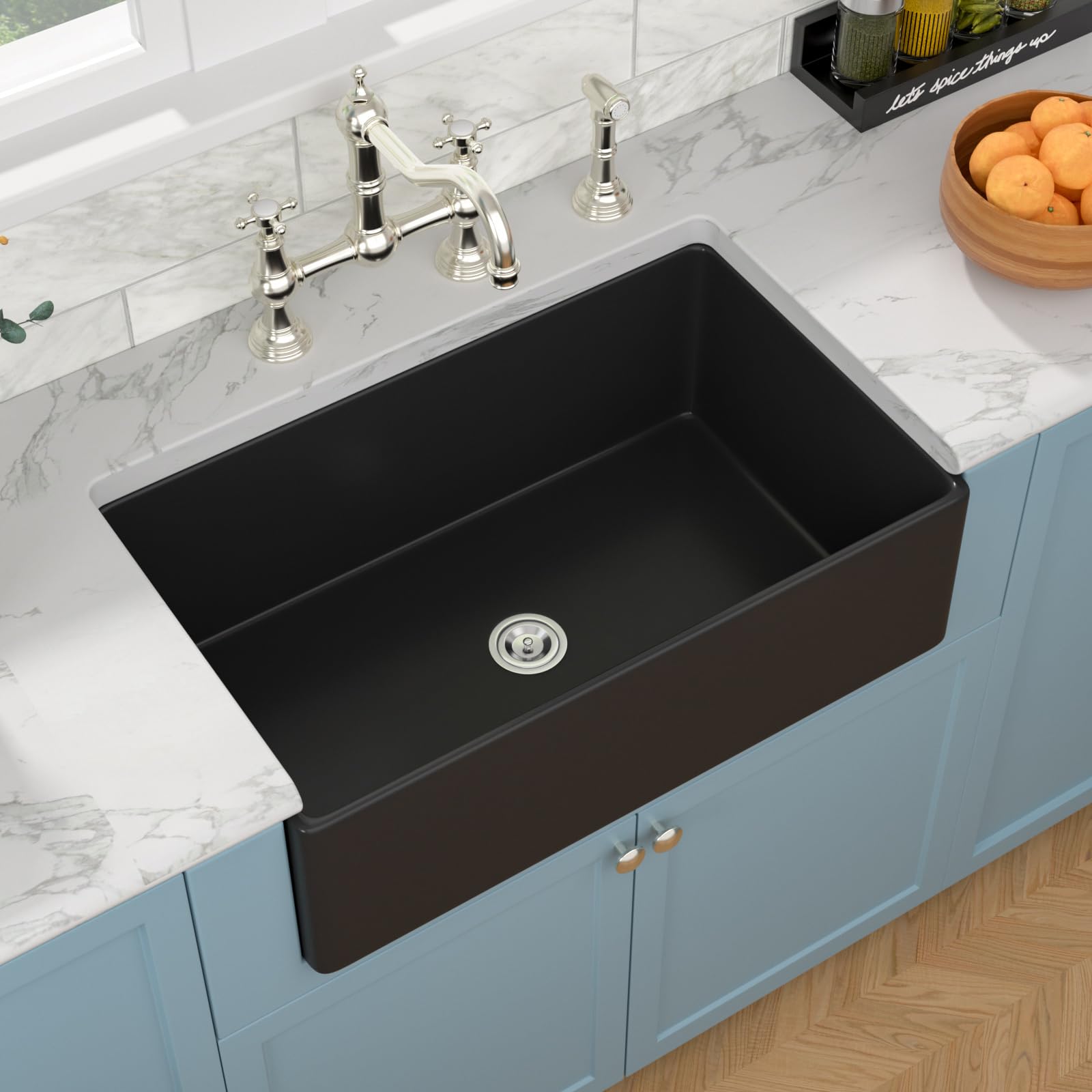 Sarlai 33'' Matte Black Fireclay Farmhouse Sink, Apron Front Single Bowl Ceramic Porcelain Kitchen Farmer Basin