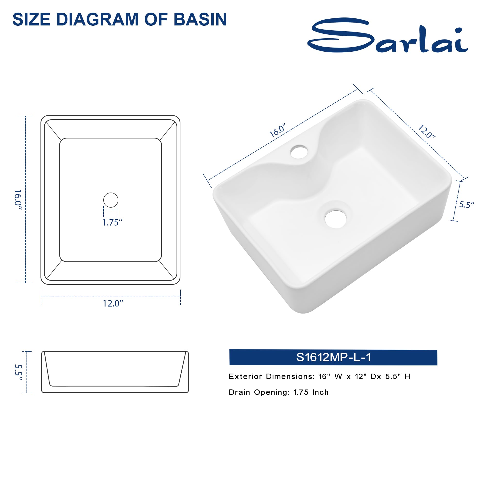 Sarlai 16''x12'' White Ceramic Porcelain Above Counter Bathroom Vessel Sink