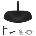 Sarlai 18.5''x14.38'' Matte Black Tempered Glass Bathroom Vessel Sink, Countertop Basin with Faucet & Pop-up Drain Combo