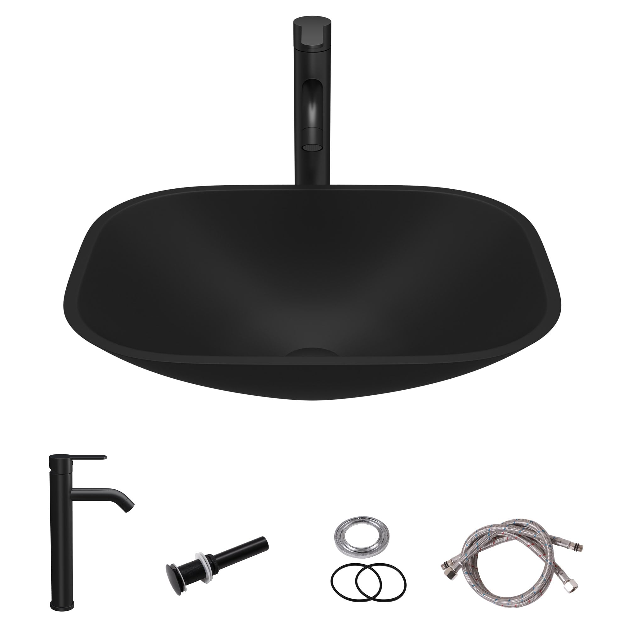 Sarlai 18.5''x14.38'' Matte Black Tempered Glass Bathroom Vessel Sink, Countertop Basin with Faucet & Pop-up Drain Combo