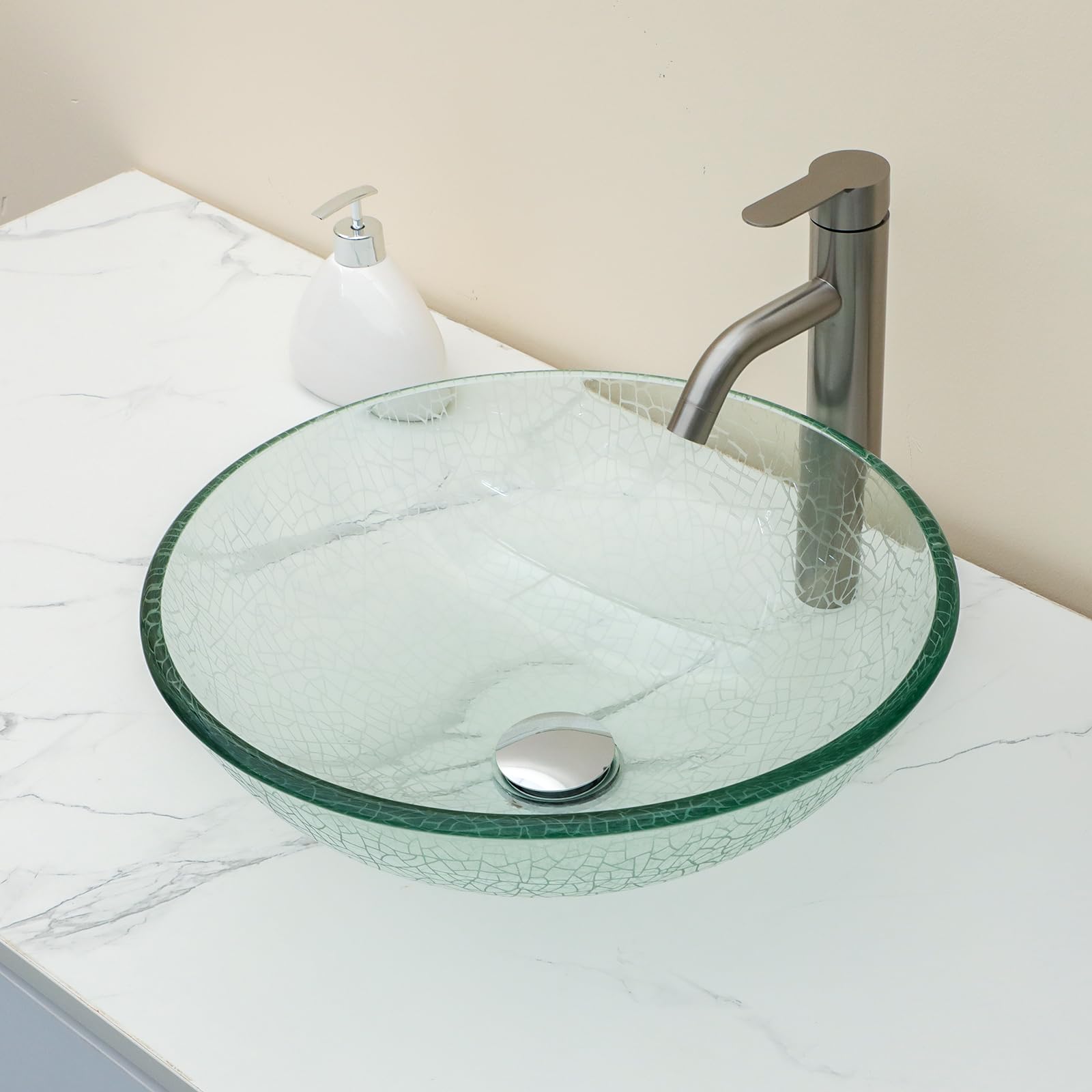 Sarlai 16.5''x16.5'' Artistic Round Tempered Glass Bathroom Vessel Sink, Vanity Countertop Basin with Pop-up Drain