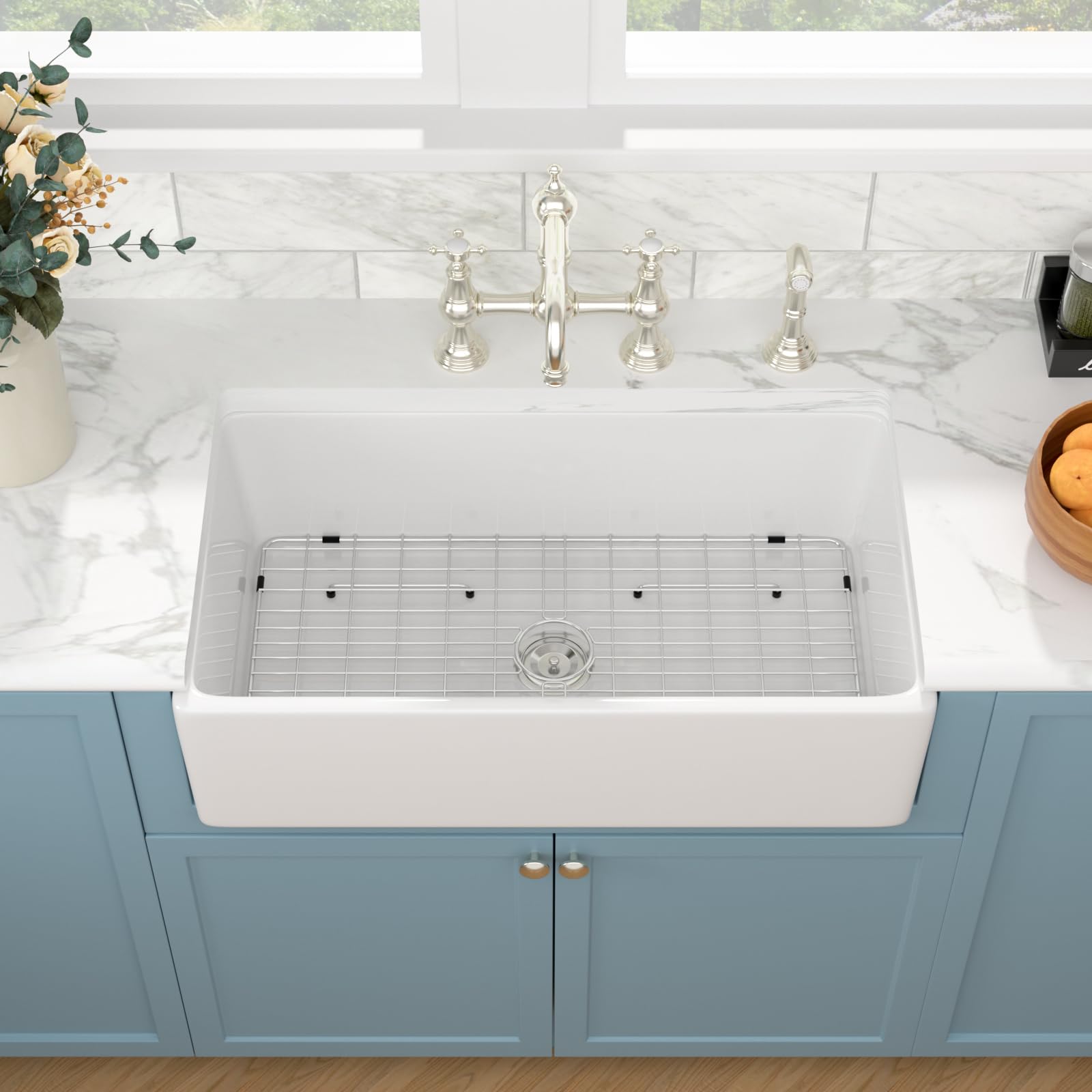 Sarlai 36''x20'' Reversible Apron Front White Fireclay Farmhouse Sink, Single Bowl Vitreous Porcelain Farm Kitchen Basin