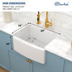 Sarlai 24'' White Apron Front Fireclay Farmhouse Sink, Single Bowl Ceramic Kitchen & Laundry Room Farm Basin