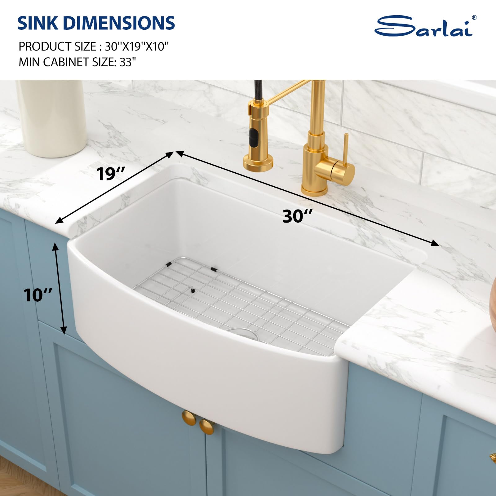 Sarlai 30'' Arch Curved Apron Front White Fireclay Farmhouse Sink, Single Bowl Porcelain Farm Kitchen Basin