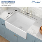 Sarlai 28''x20'' Apron Front Vitreous Fireclay Farmhouse Sink, Single Bowl White Porcelain Kitchen Farmer Basin