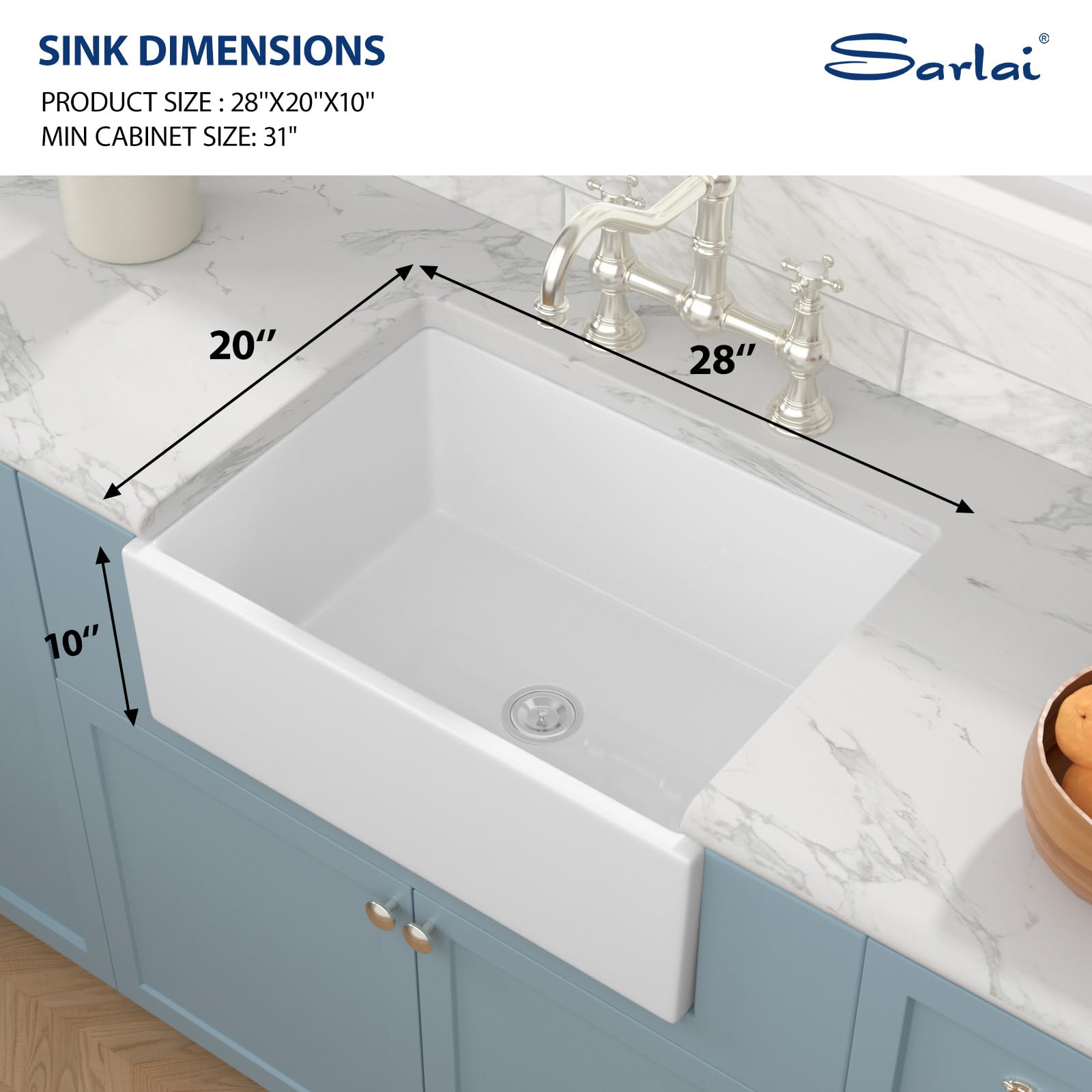 Sarlai 28''x20'' Apron Front Vitreous Fireclay Farmhouse Sink, Single Bowl White Porcelain Kitchen Farmer Basin