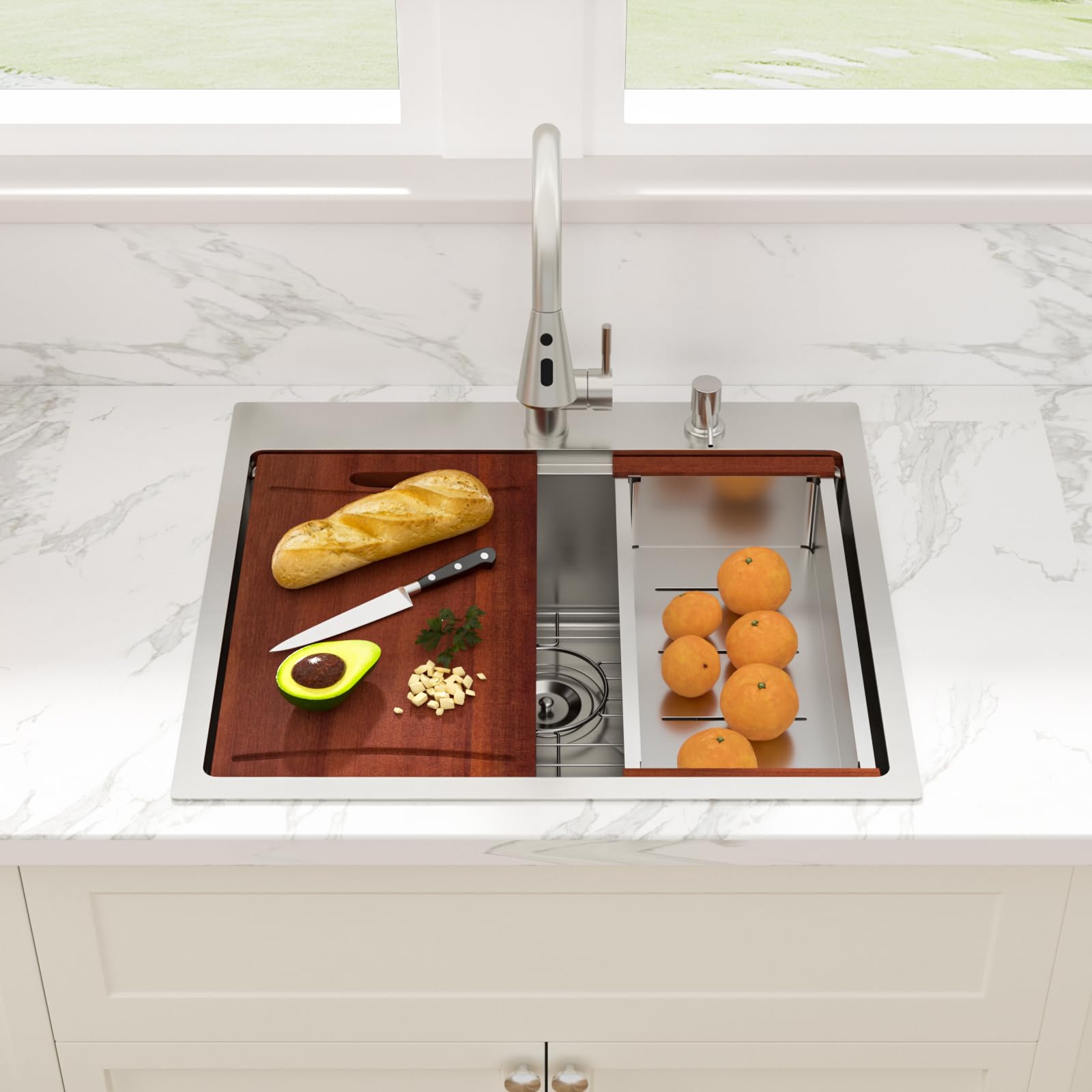 Sarlai 25''x22'' Drop-In Workstation Stainless Steel Kitchen Sink, 16 Gauge Topmount Single Bowl with Soap Dispenser & Faucet