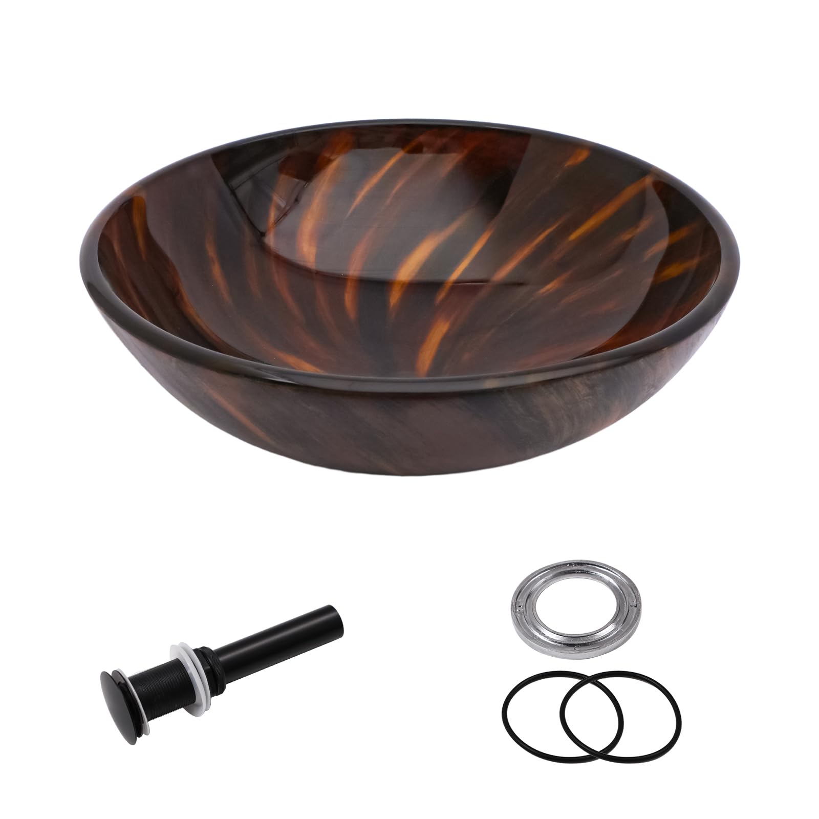 Sarlai 16.5''x16.5'' Brown Artistic Round Tempered Glass Bathroom Vessel Sink, Vanity Countertop Basin with Pop-up Drain Secondary image