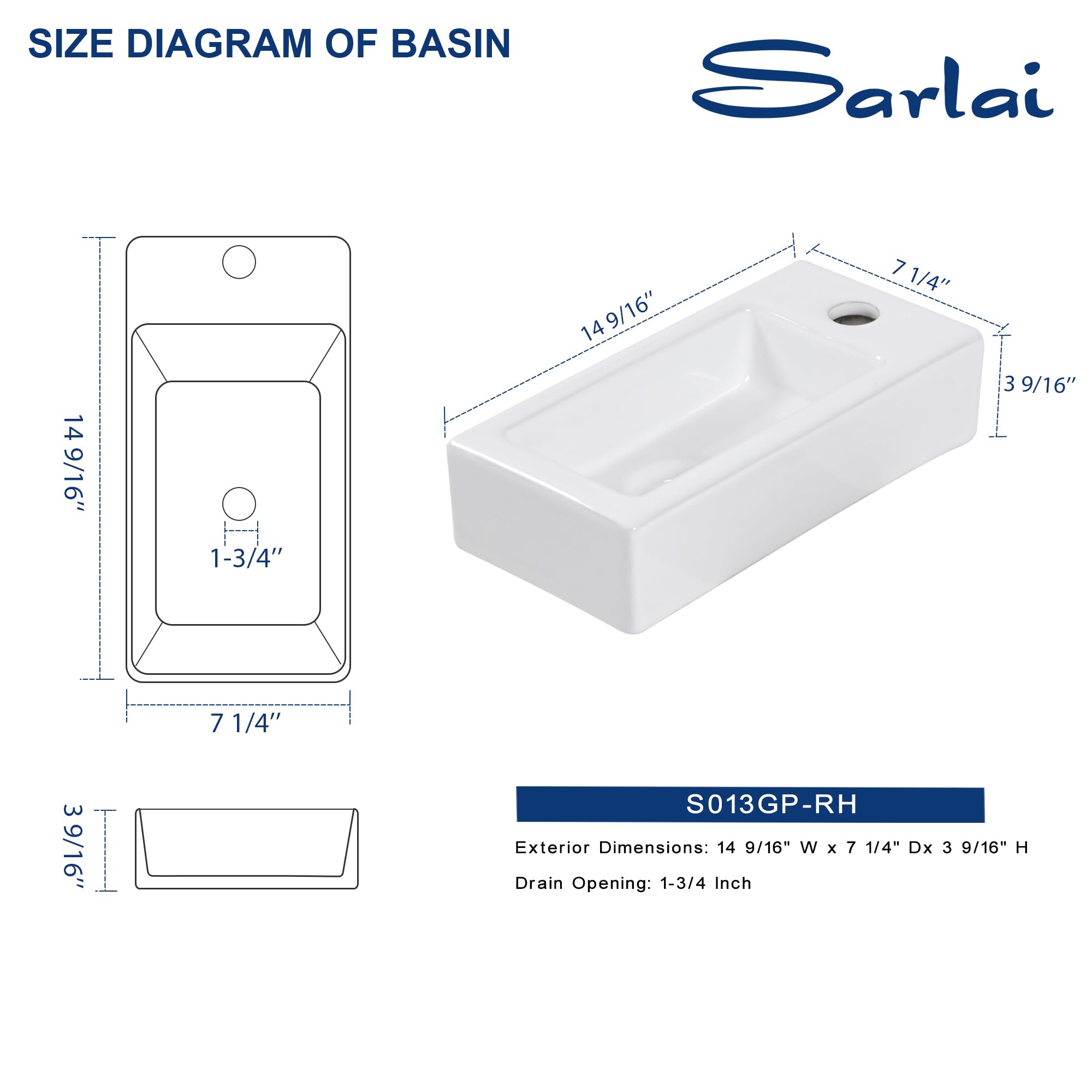 Sarlai 15''x7'' White Porcelain Ceramic Wall Mounted Bathroom Vessel Sink