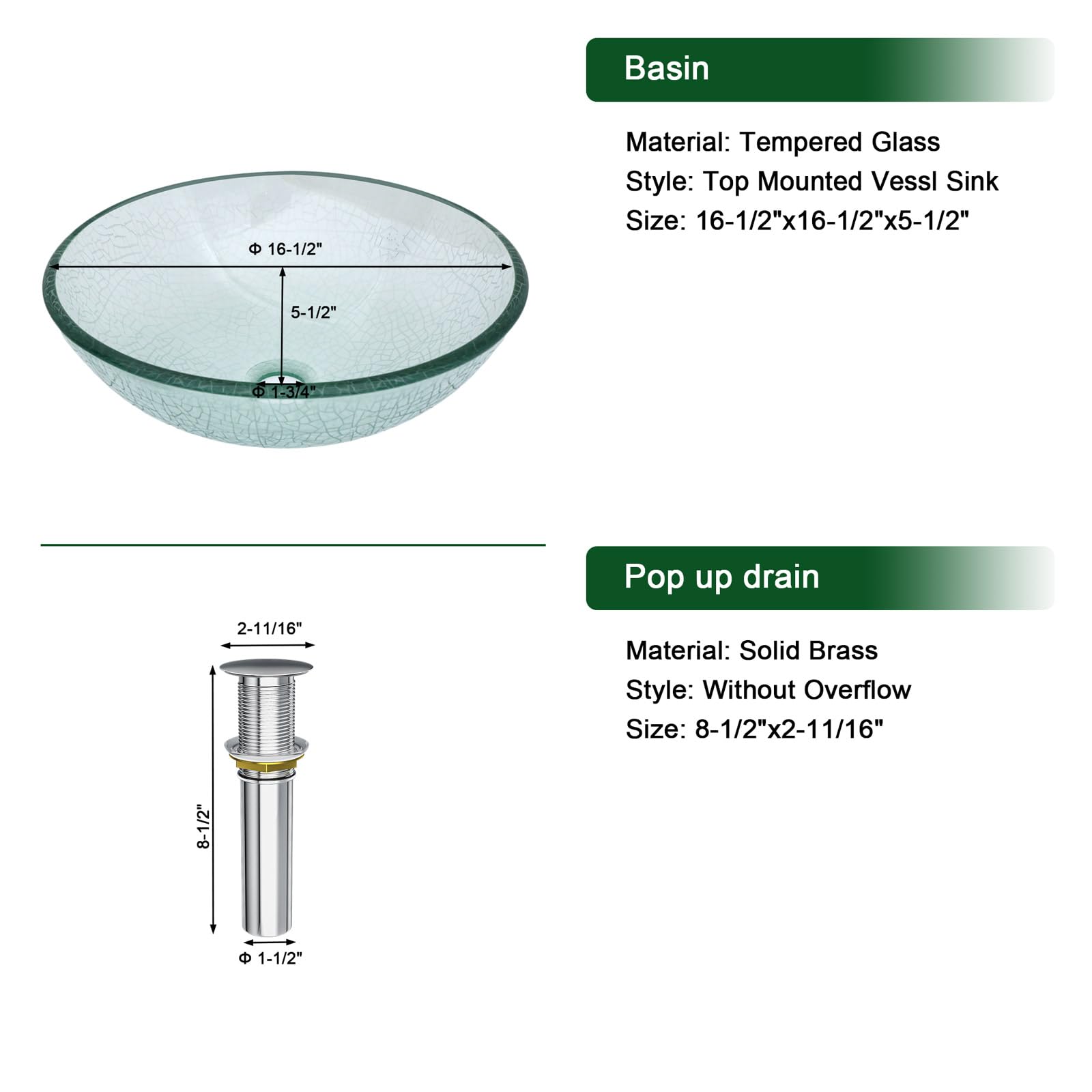 Sarlai 16.5''x16.5'' Artistic Round Tempered Glass Bathroom Vessel Sink, Vanity Countertop Basin with Pop-up Drain