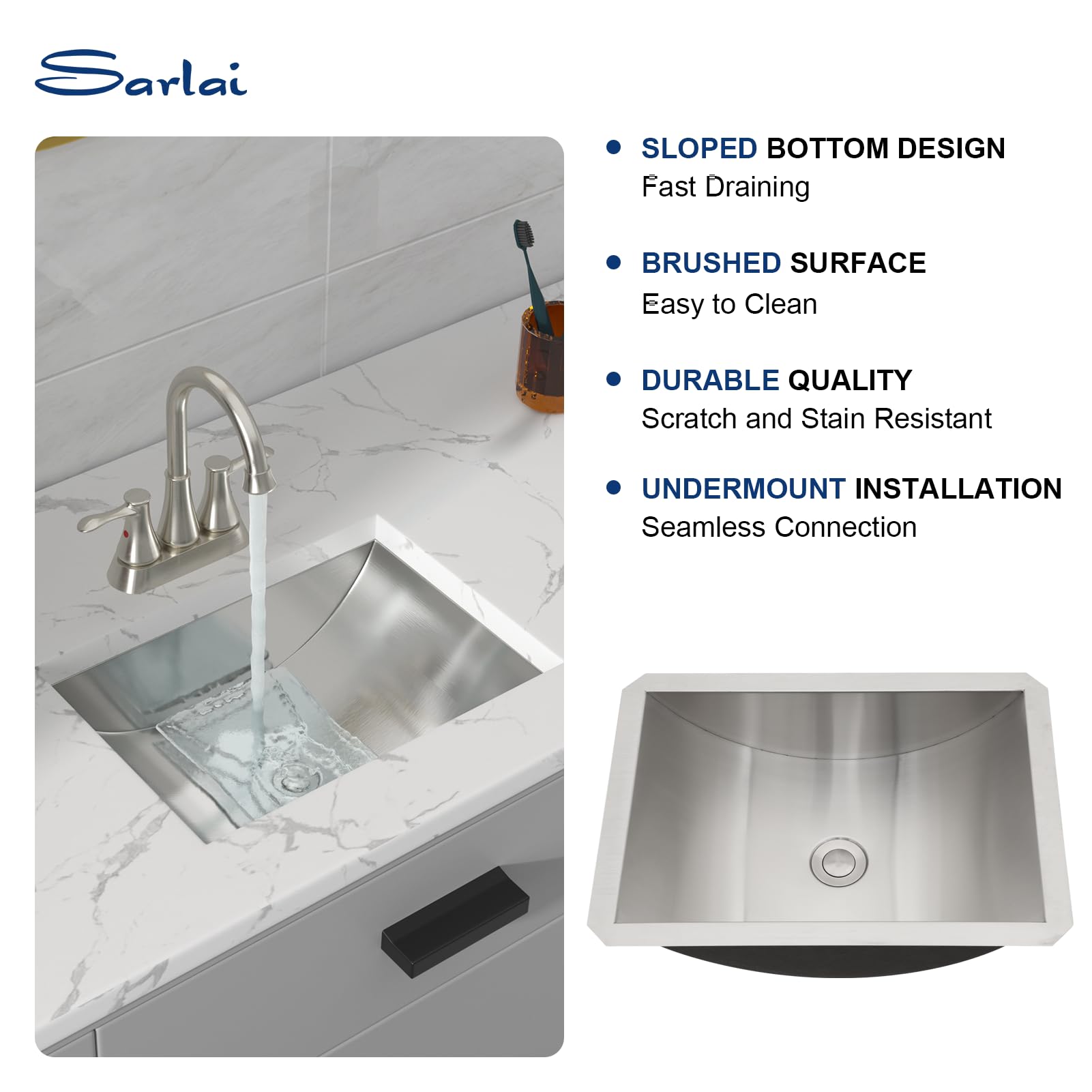 Sarlai 18'' Stainless Steel Undermount Rectangle Bathroom Sink with Drain