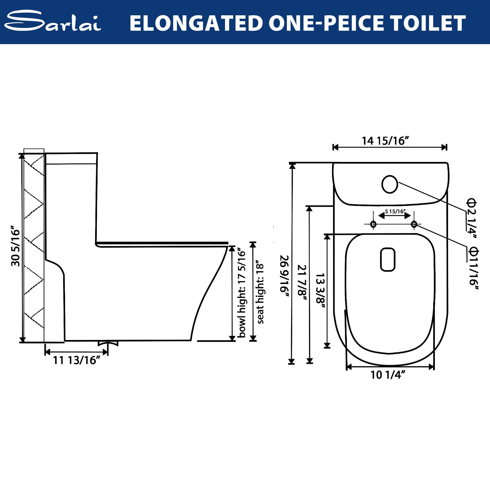 Sarlai One Piece Elongated ADA Height 17.3'' Comfort Chair Toilet, Dual Flush 1.1/1.6 GPF White Ceramic, 12'' Rough-In