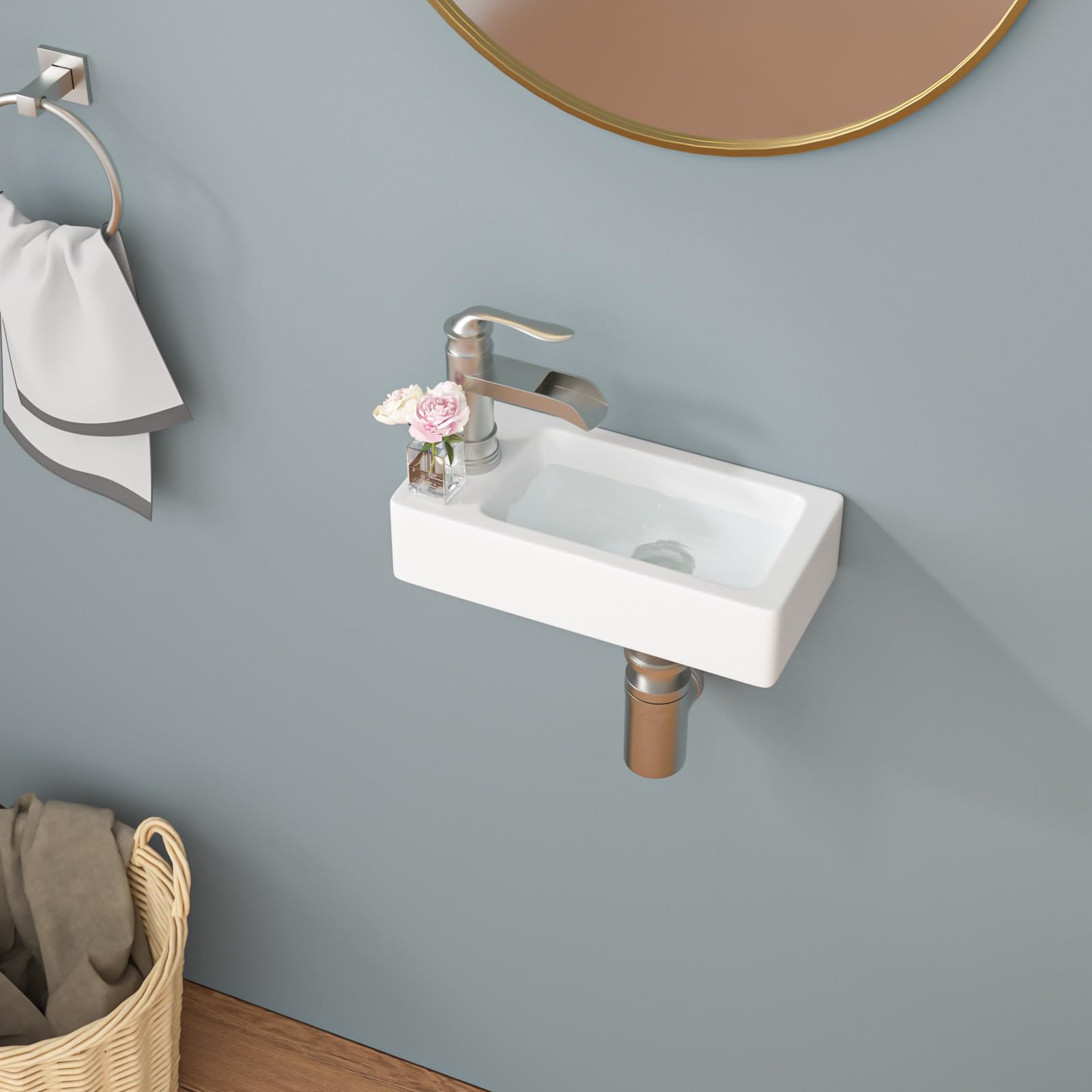 Sarlai 15''x7'' Floating Wall Hang White Porcelain Ceramic Bathroom Vessel Sink-Left Hand