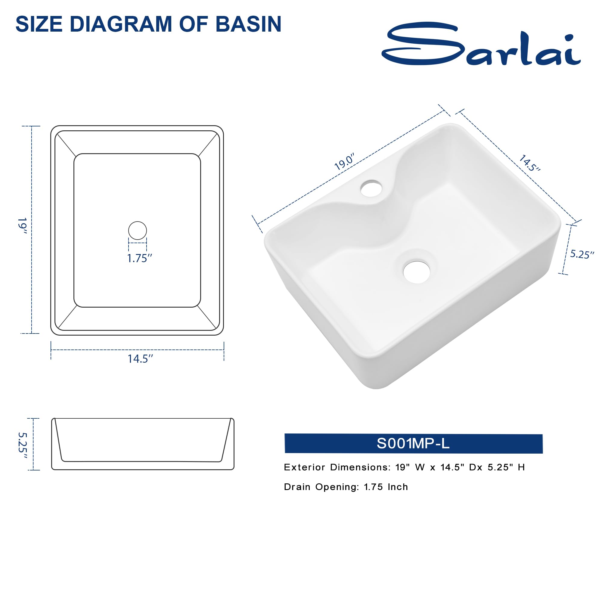 Sarlai 19'' x 15'' Ceramic Countertop Rectangle White Vessel Bathroom Sin