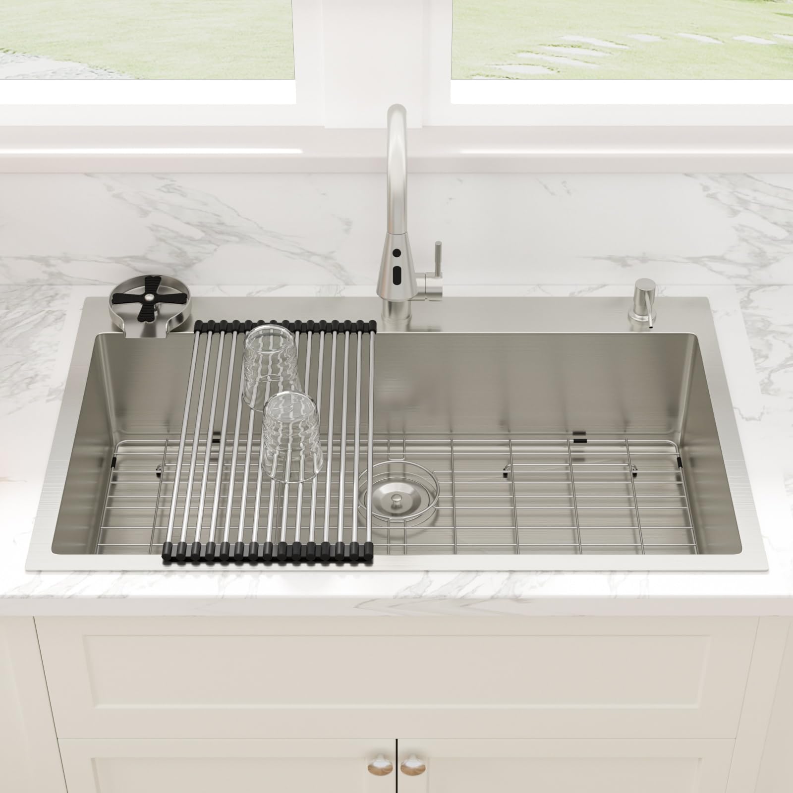 Sarlai 33''x22'' Deep Drop-In Stainless Steel Kitchen Sink, 16 Gauge Topmount Single Bowl with Cup Rinser, Soap Dispenser & Faucet