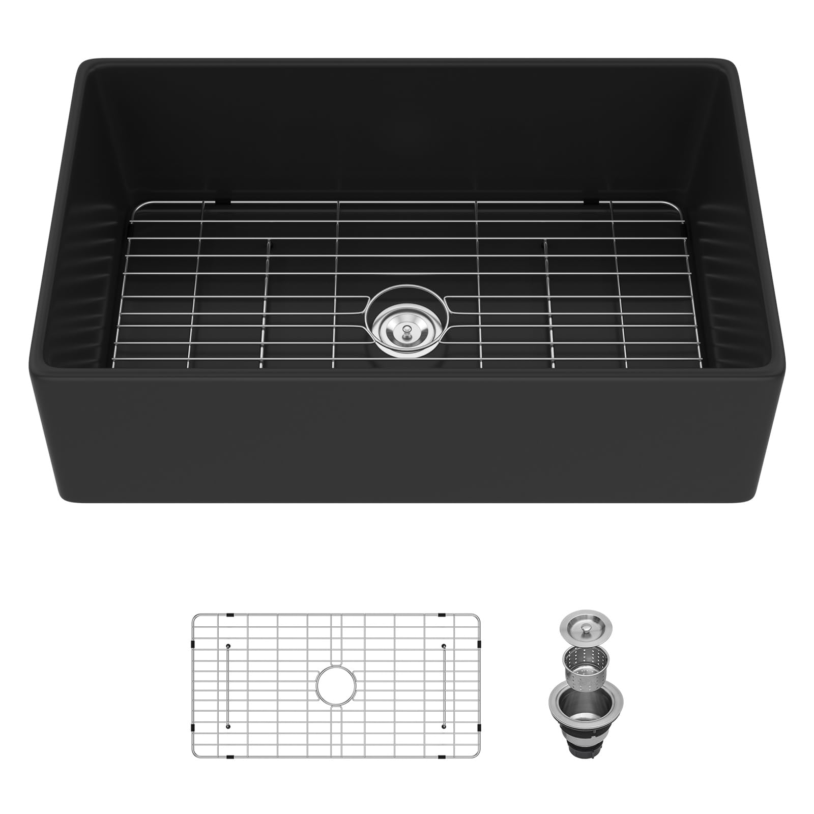 Sarlai 33'' Matte Black Fireclay Farmhouse Sink, Apron Front Single Bowl Ceramic Porcelain Kitchen Farmer Basin Main image