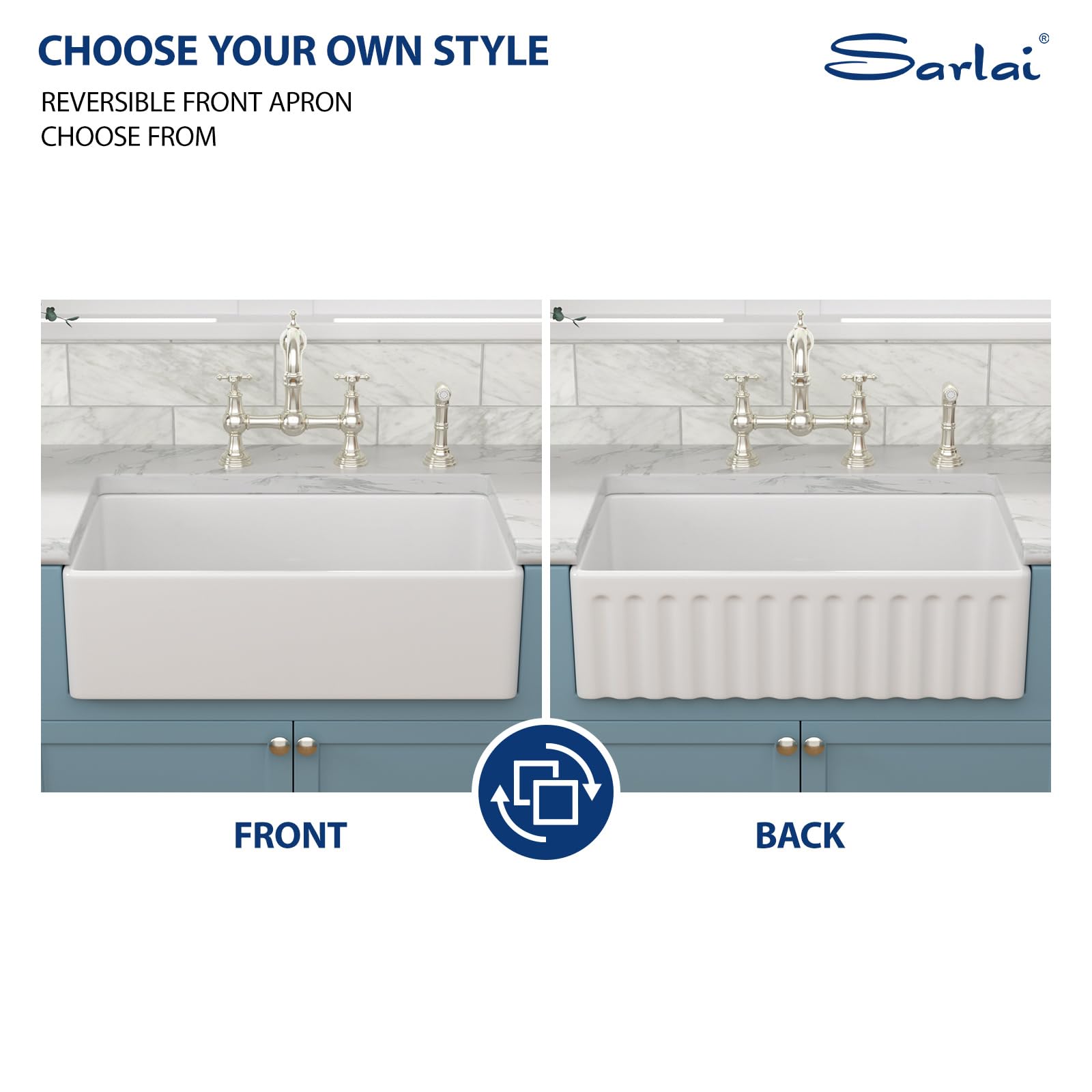Sarlai 33''x18'' Reversible Apron Front White Fireclay Farmhouse Sink, Single Bowl Undermount Ceramic Kitchen Farmer Basin