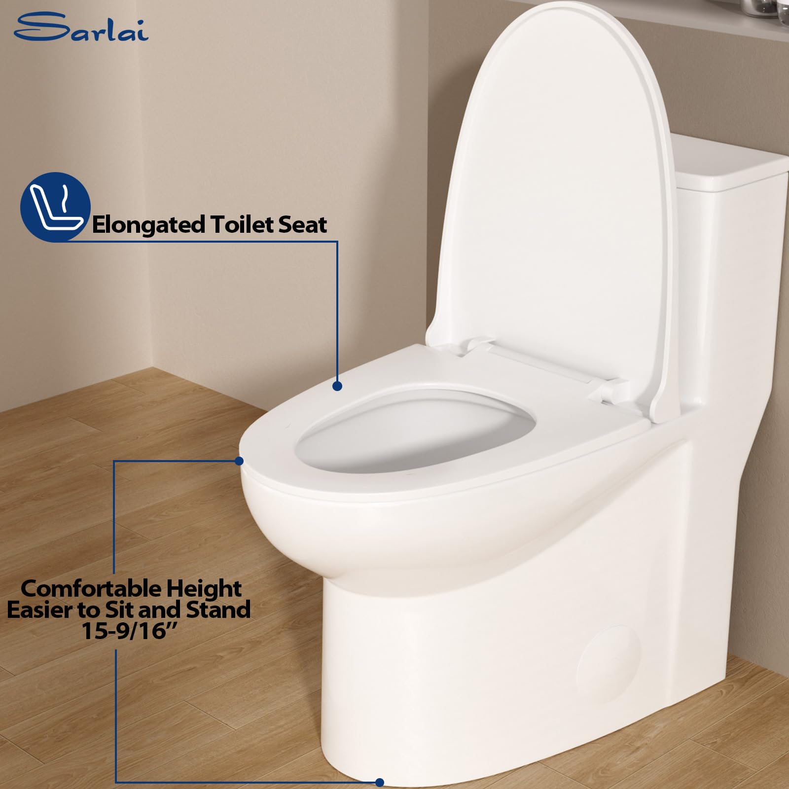 Sarlai One Piece Elongated Comfort Height Bathroom Toilet, Dual Flush 1.1/1.6 GPF White Ceramic with Soft-Close Seat, 12'' Rough-In